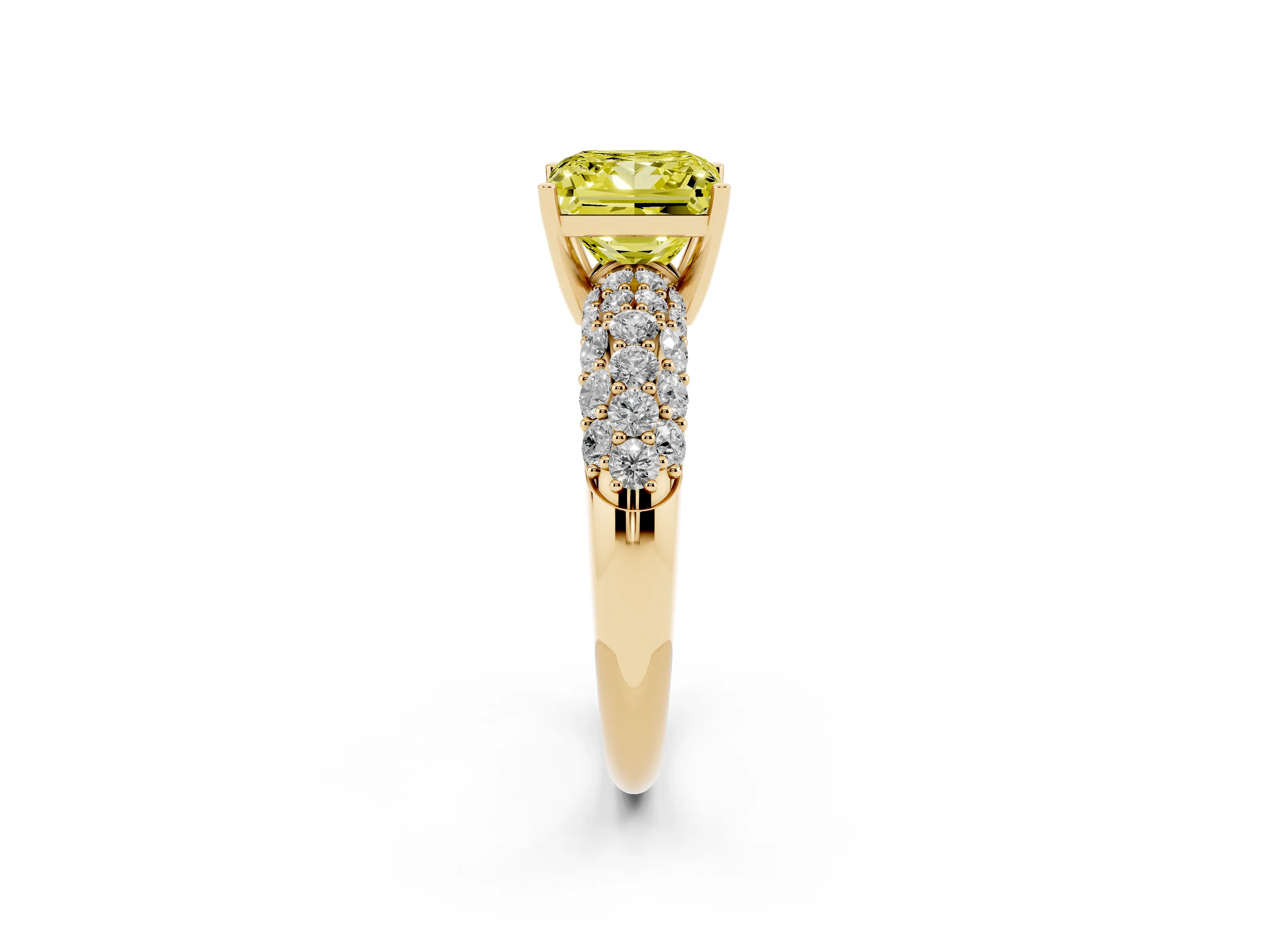 Fancy Yellow Princess Cut Diamond Pavé Band Solitaire Ring Set in Yellow gold with Close-Set Accent Stones and Prong Setting