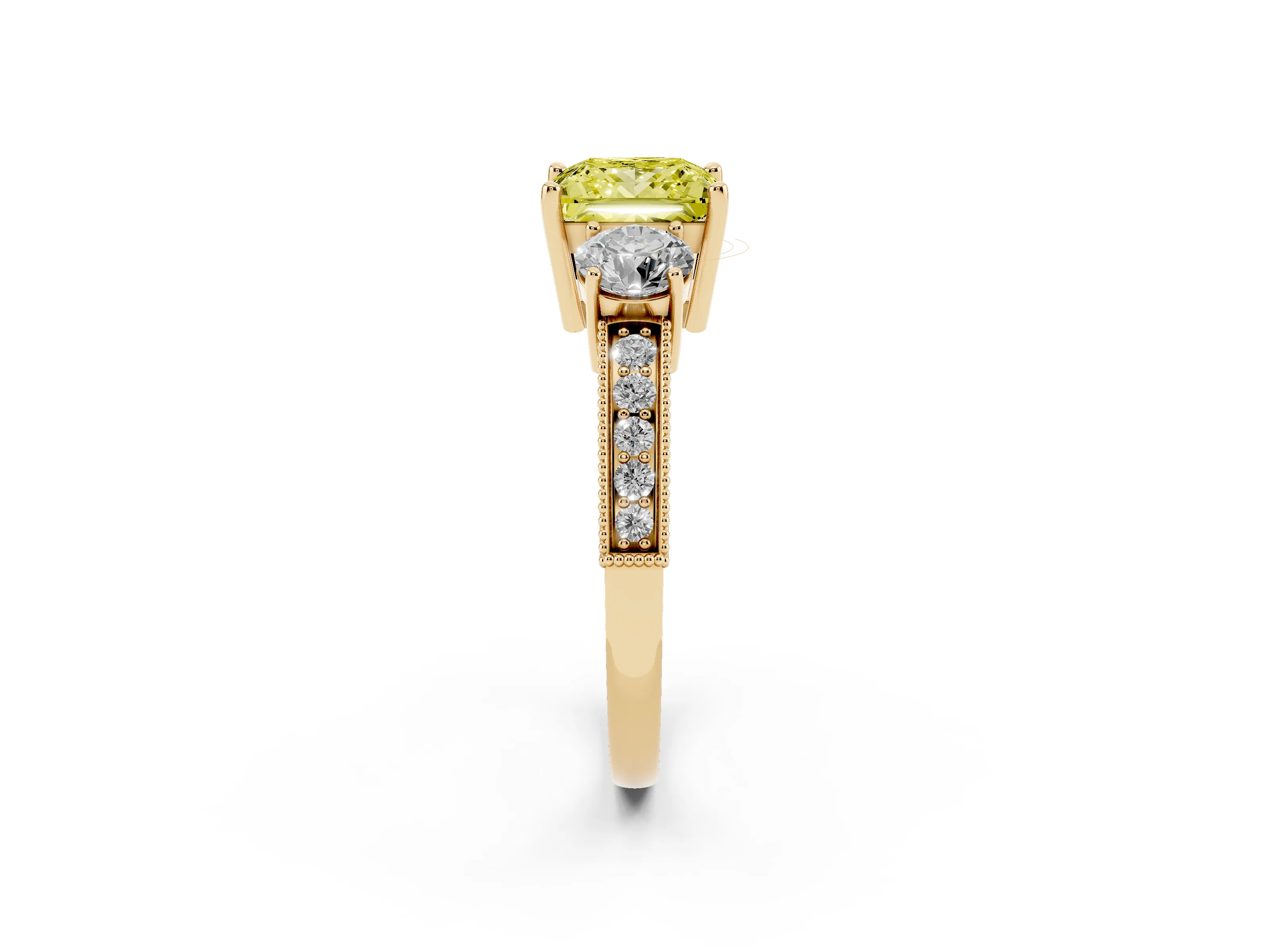 Fancy Yellow Princess Cut Diamond Three-Stone Ring Set in Yellow gold with Round Side Stones and Pavé Band