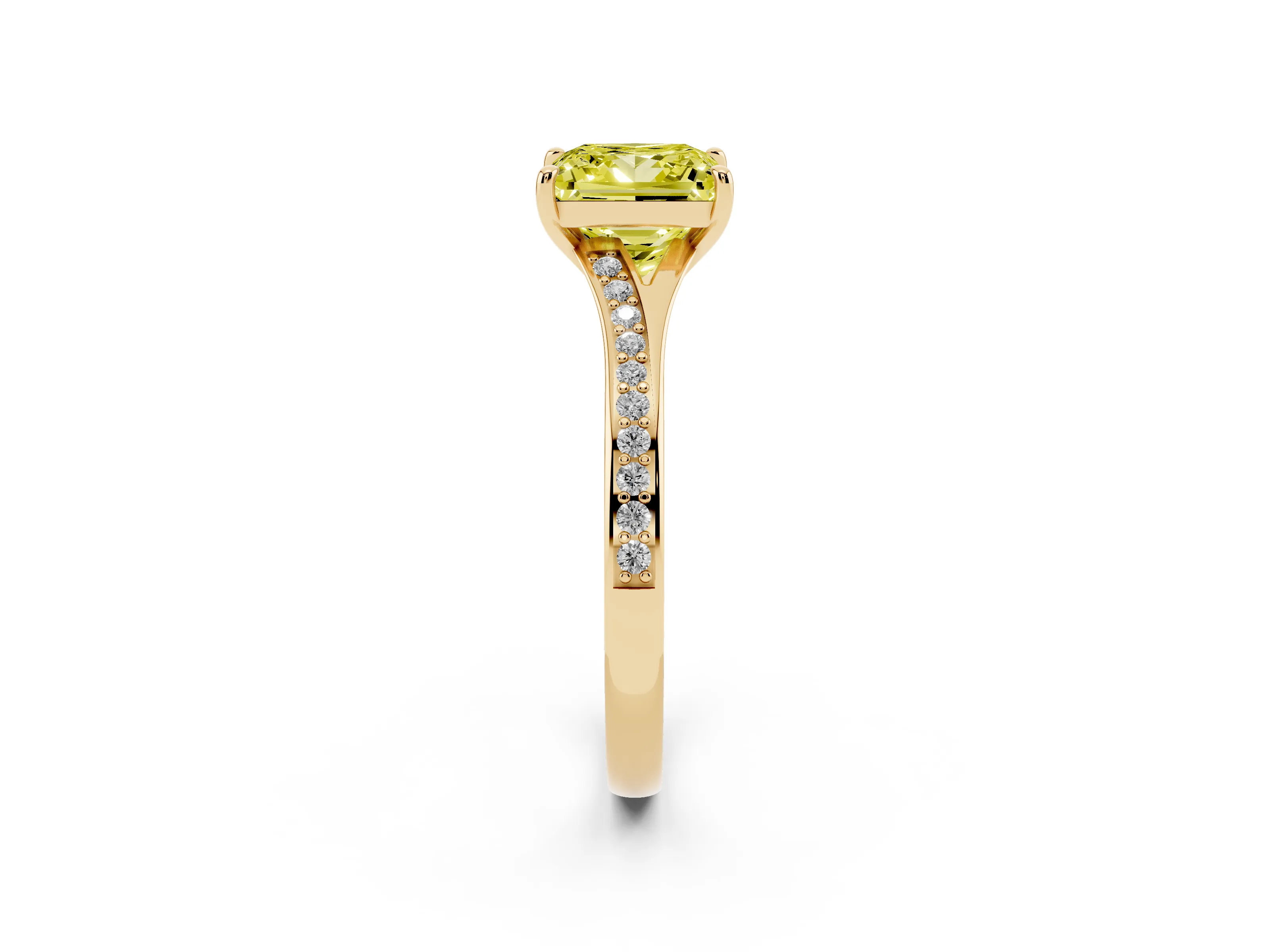 Fancy Yellow Princess Cut Diamond Solitaire Ring Set in Yellow gold with Pavé Accent Band and Classic Prong Setting