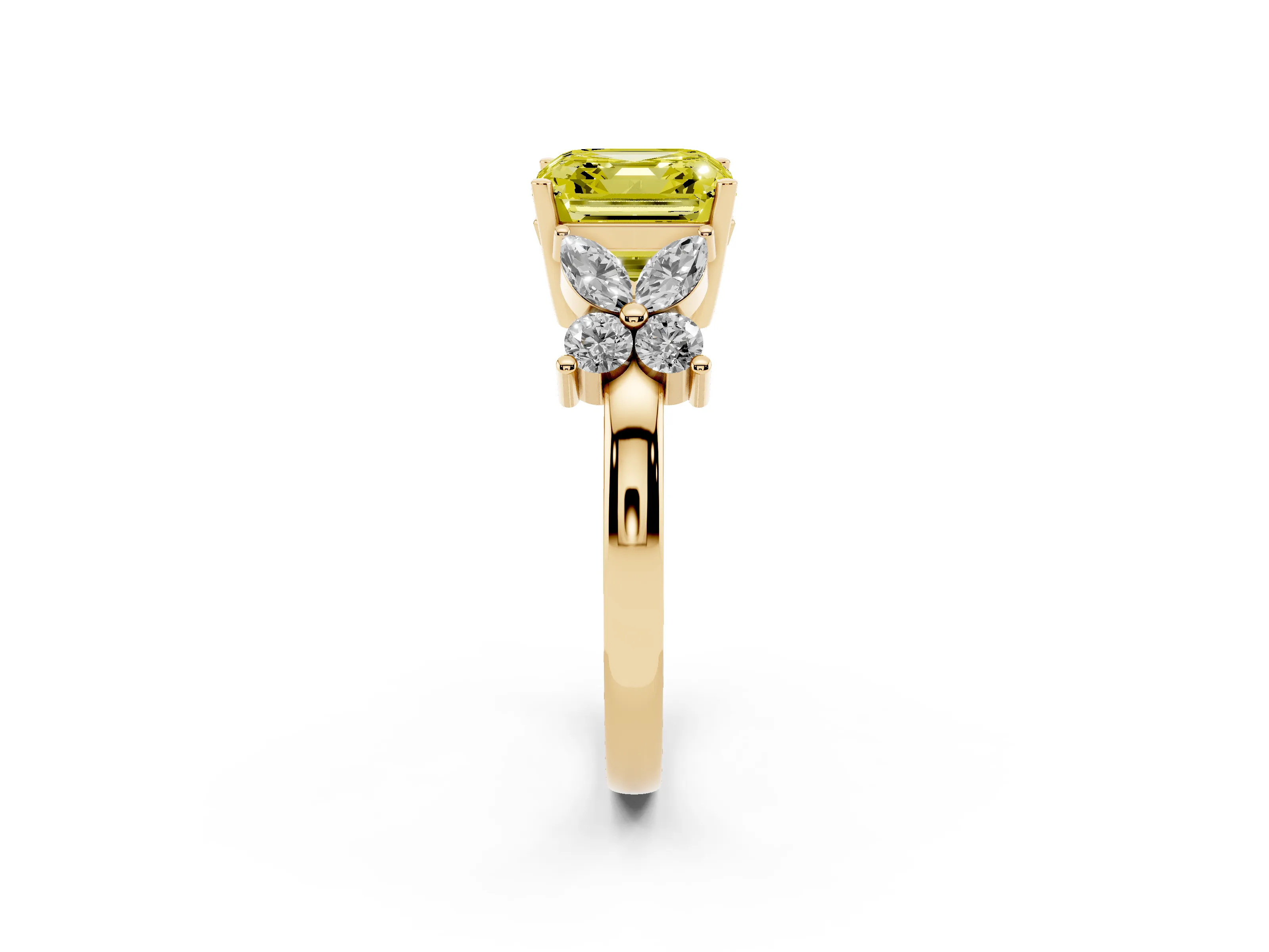 Fancy Yellow Princess Cut Diamond Floral Cluster Ring Set in Yellow gold with Marquise Petals and Prong Setting