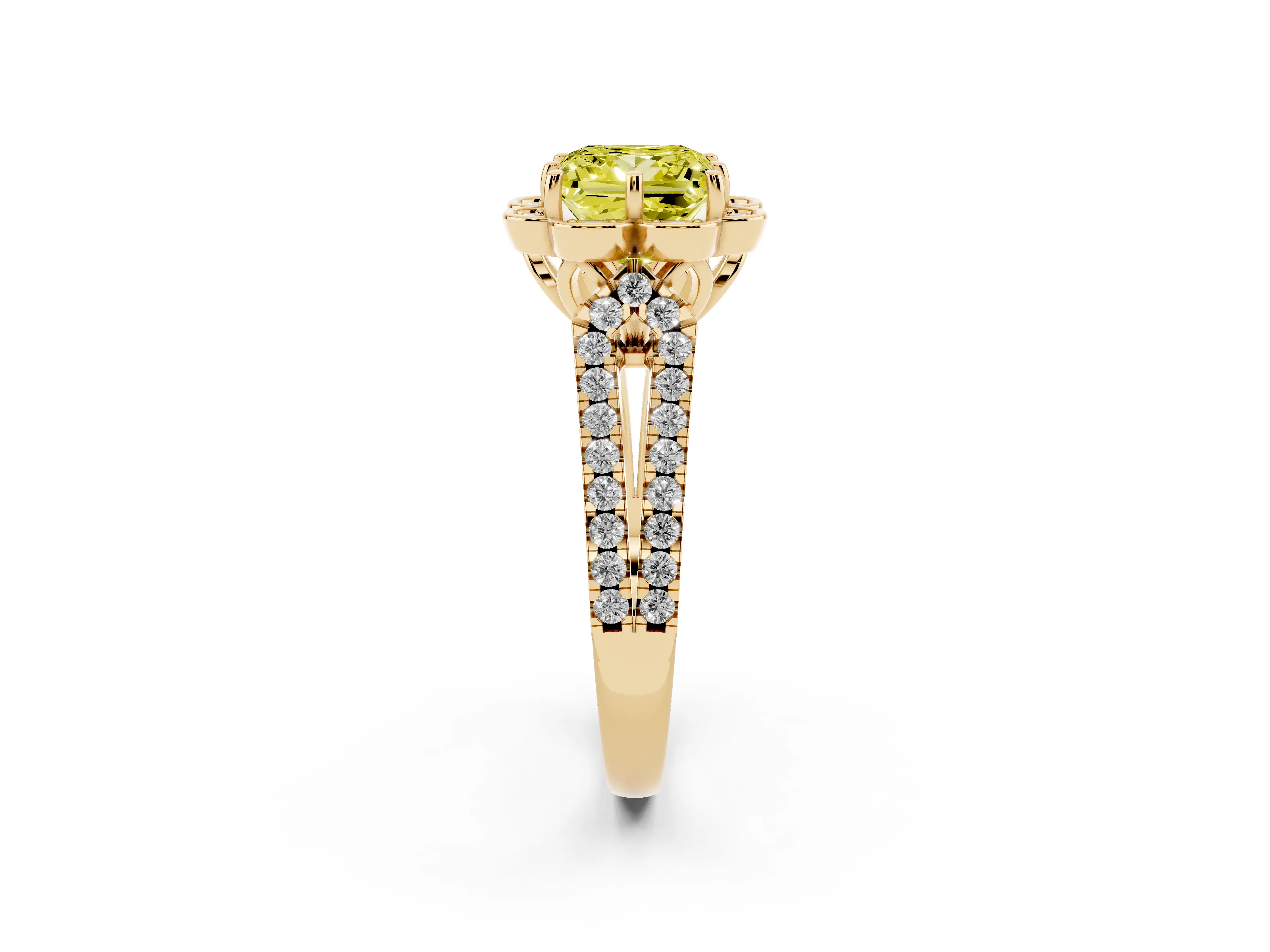 Fancy Yellow Princess Cut Diamond Floral Halo Split Shank Engagement Ring Set in Yellow gold with Pavé Shank