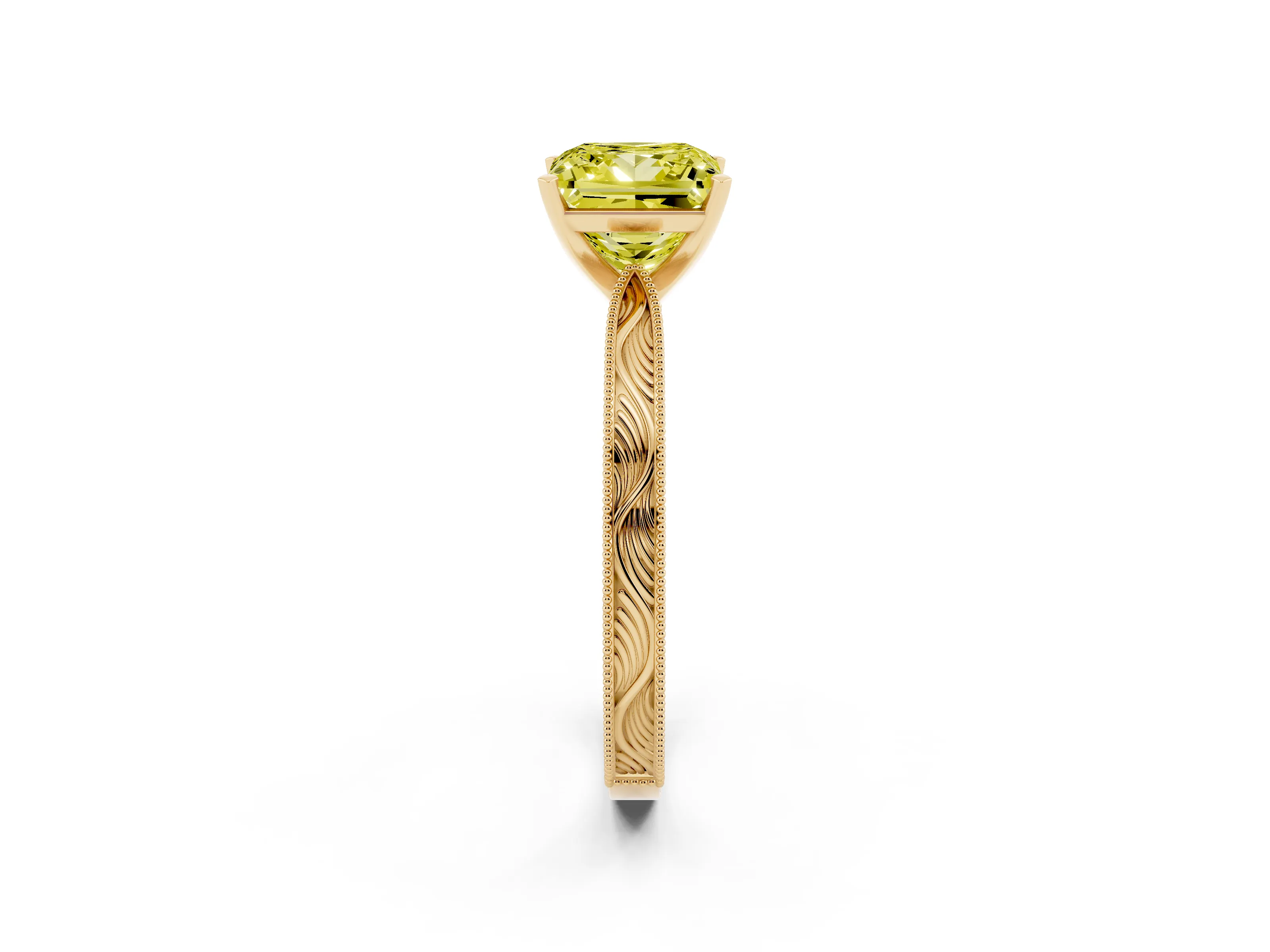 Fancy Yellow Princess Cut Diamond Solitaire Milgrain Engraved Band Set in Yellow gold with Prong Setting