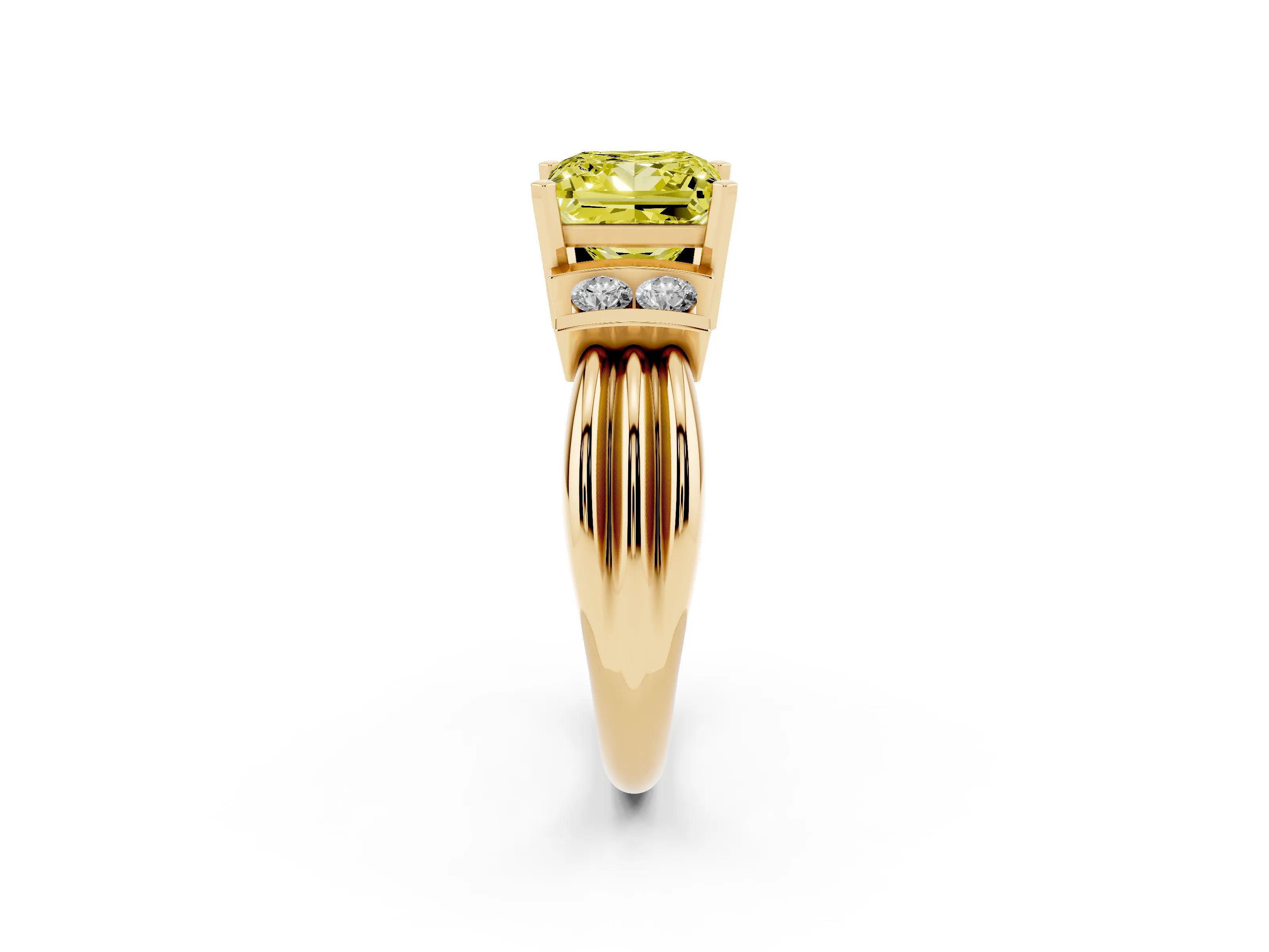 Fancy Yellow Three-Stone Princess Cut Diamond Channel Set Ring Set in Yellow gold with Bar Prongs