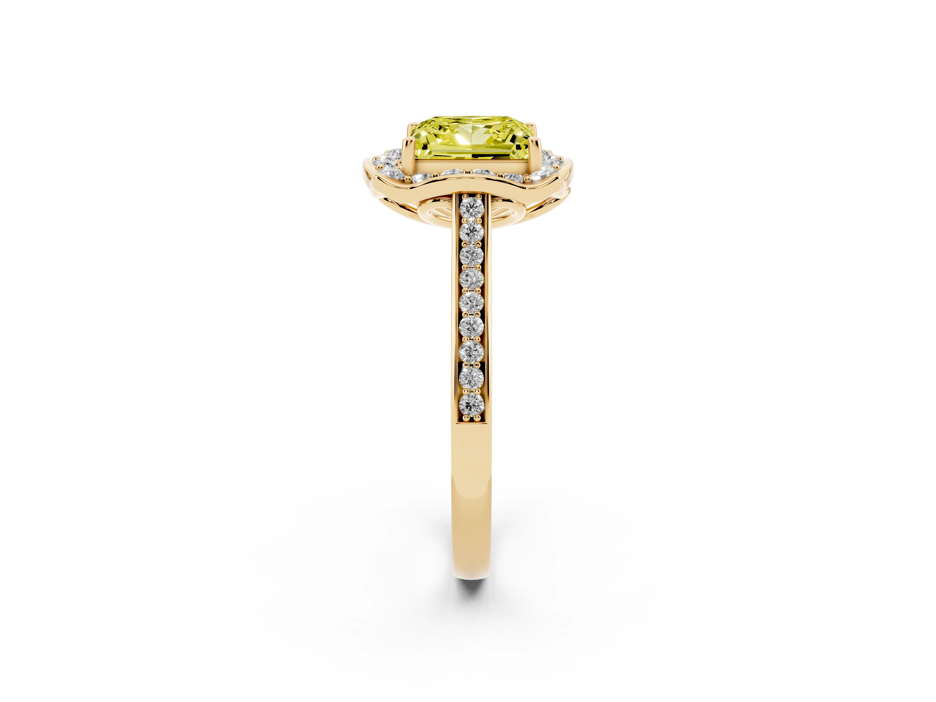 Fancy Yellow Princess Cut Diamond Halo Ring Set in Yellow gold with Pavé-Lined Shoulders and Prong Setting