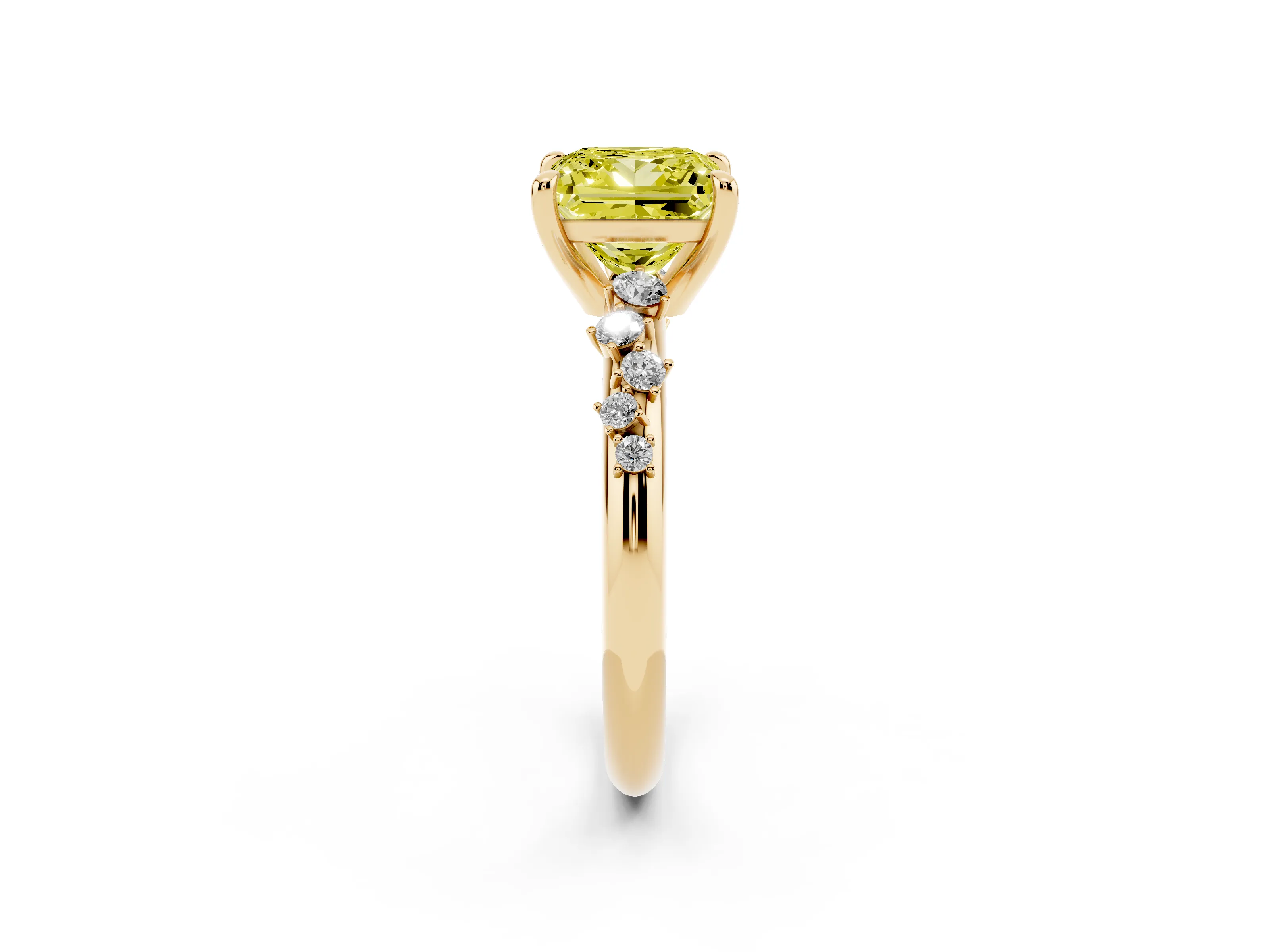 Fancy Yellow Princess Cut Diamond Solitaire Vine Band Ring Set in Yellow gold with Round Accents and Prong Setting