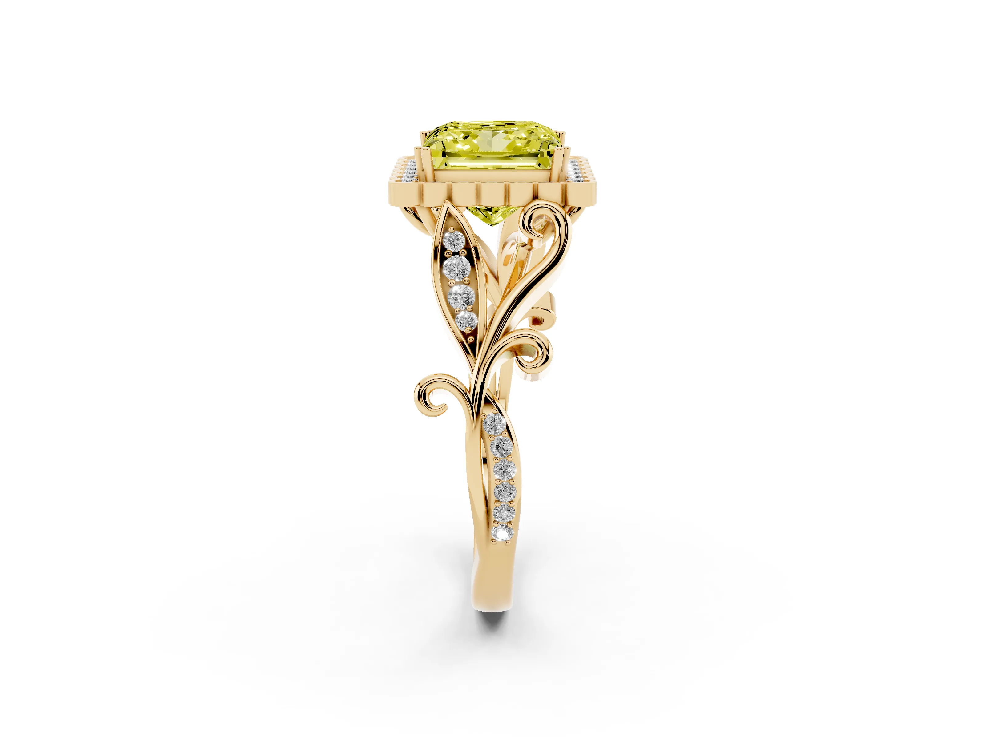 Fancy Yellow Princess Cut Diamond Halo Ring Set in Yellow gold with Leaf Motif Split Shank and Prong Setting