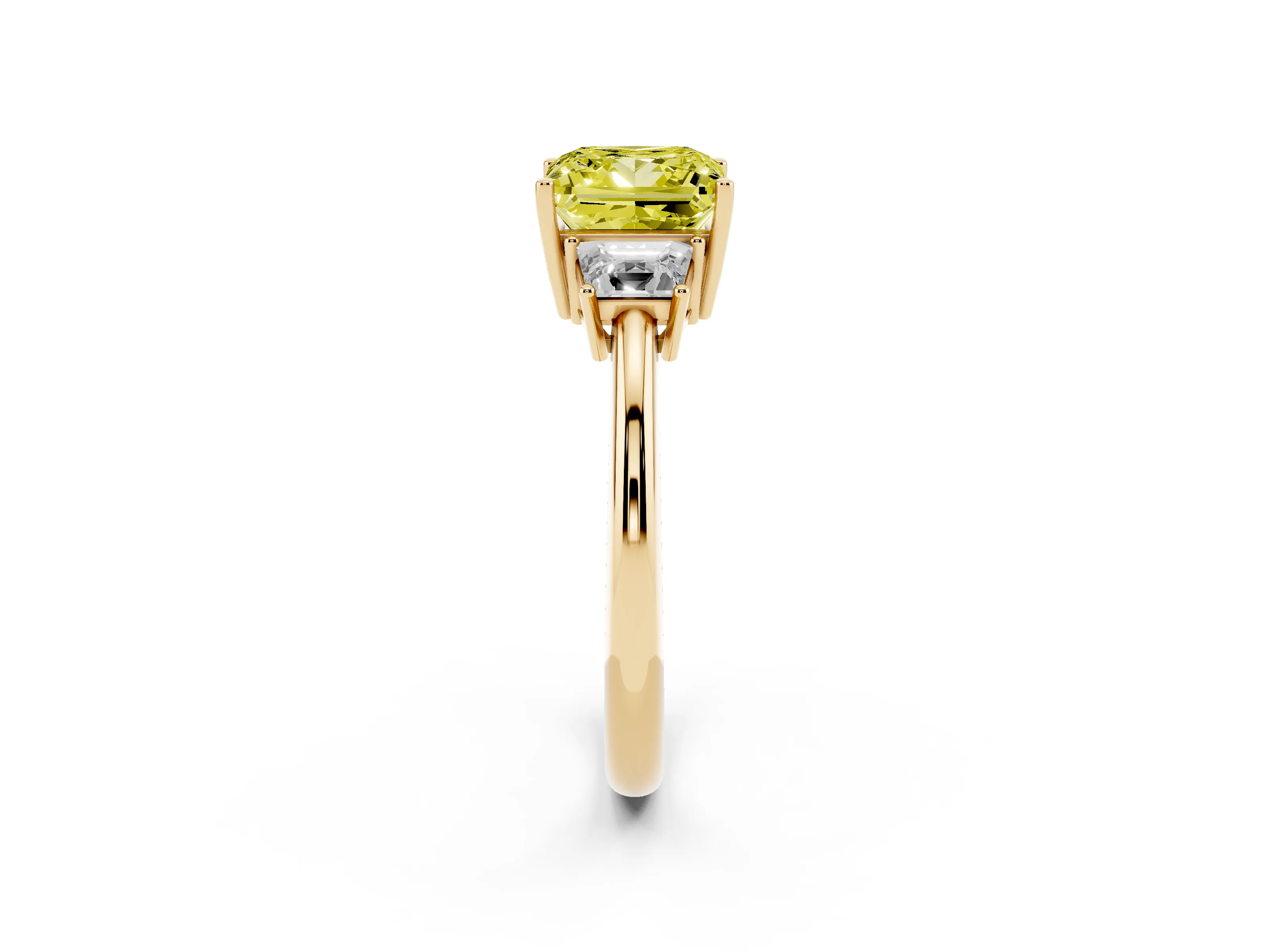 Fancy Yellow Princess Cut Diamond Three-Stone Ring Set in Yellow gold with Trapezoid Side Stones and Prong Setting