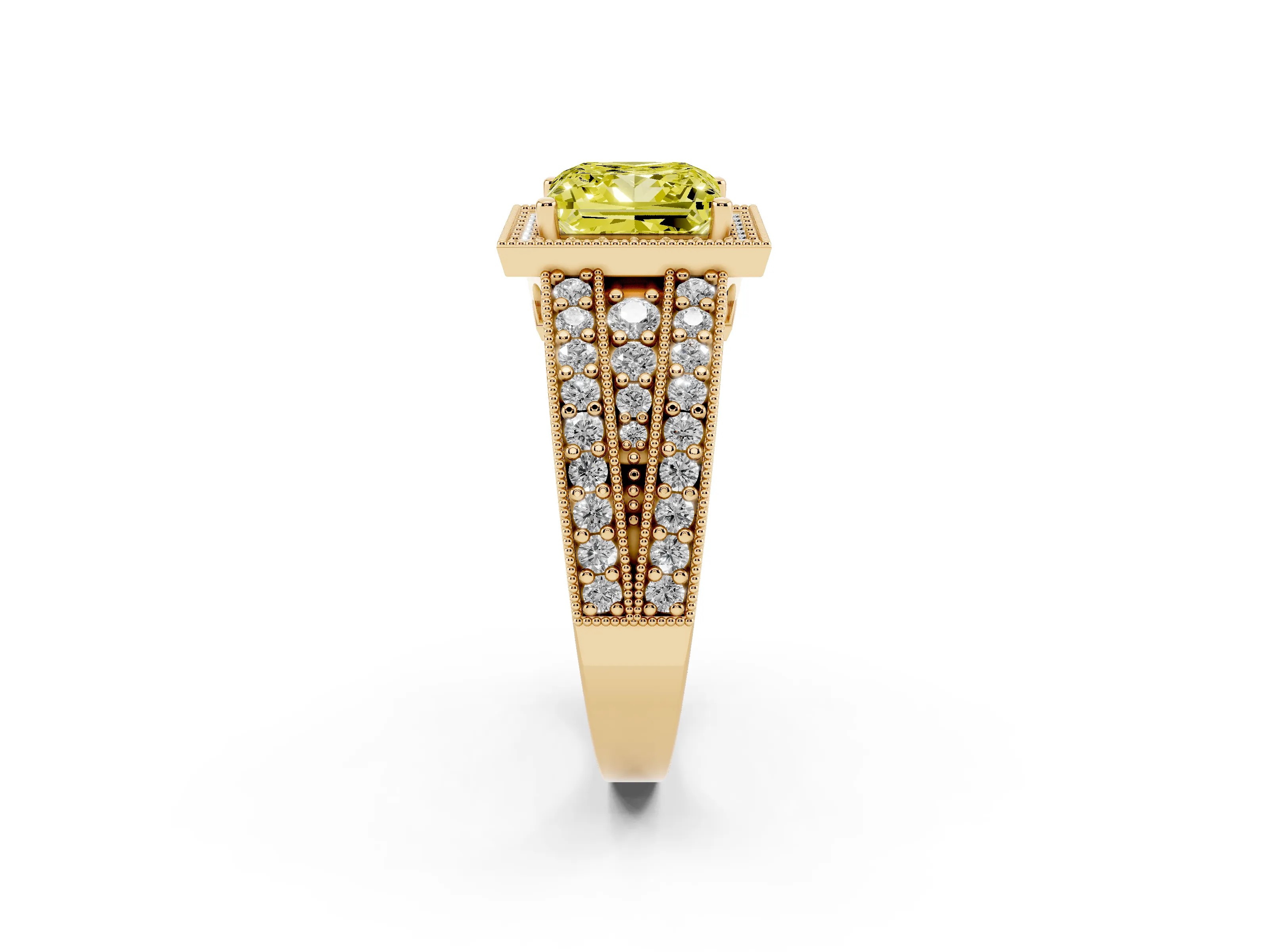 Fancy Yellow Princess Cut Diamond Halo Ring Set in Yellow gold with Accent Split Shank and Prong Setting