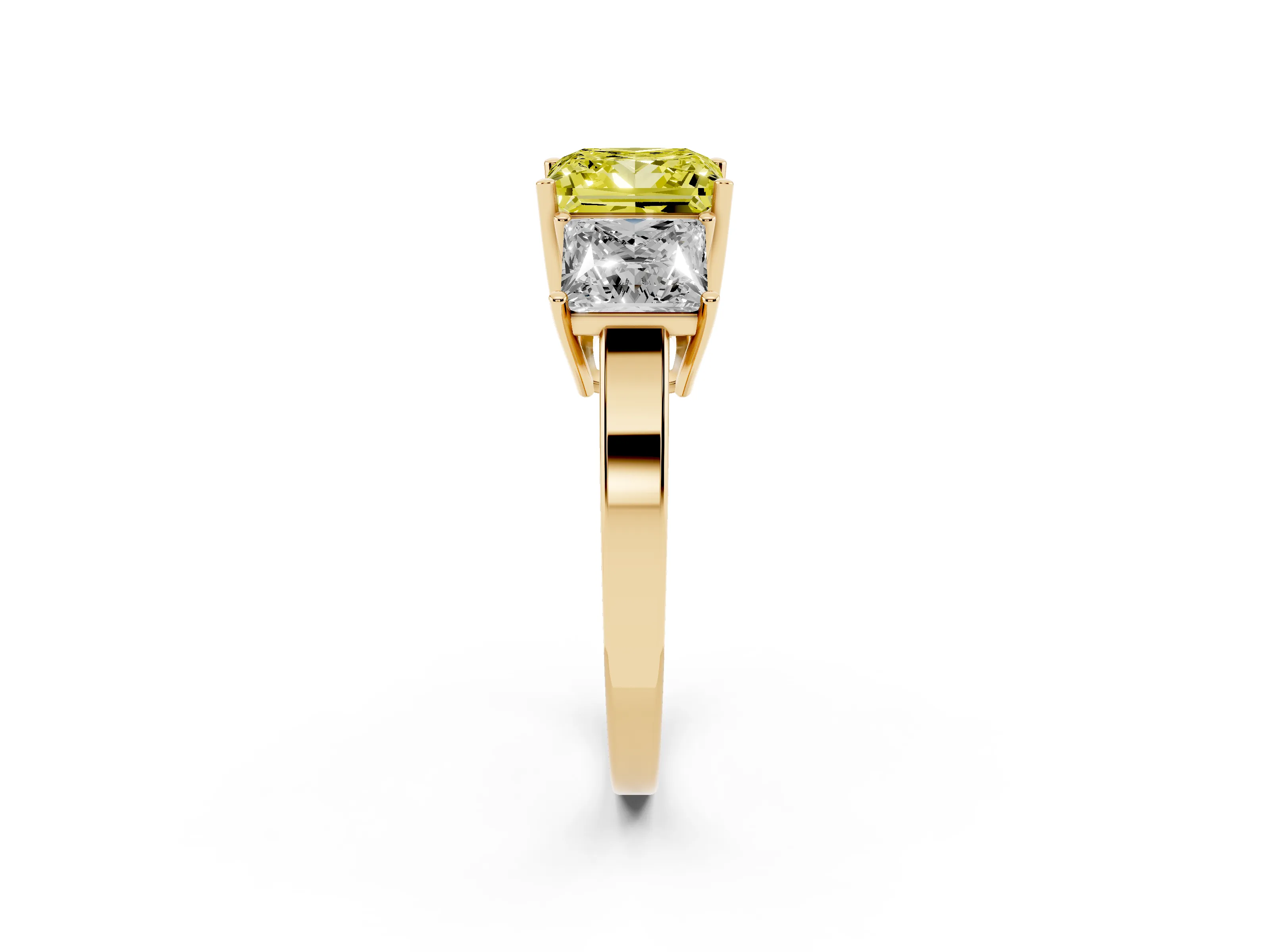 Fancy Yellow Princess Cut Diamond Three-Stone Engagement Ring Set in Yellow gold with Flat Band