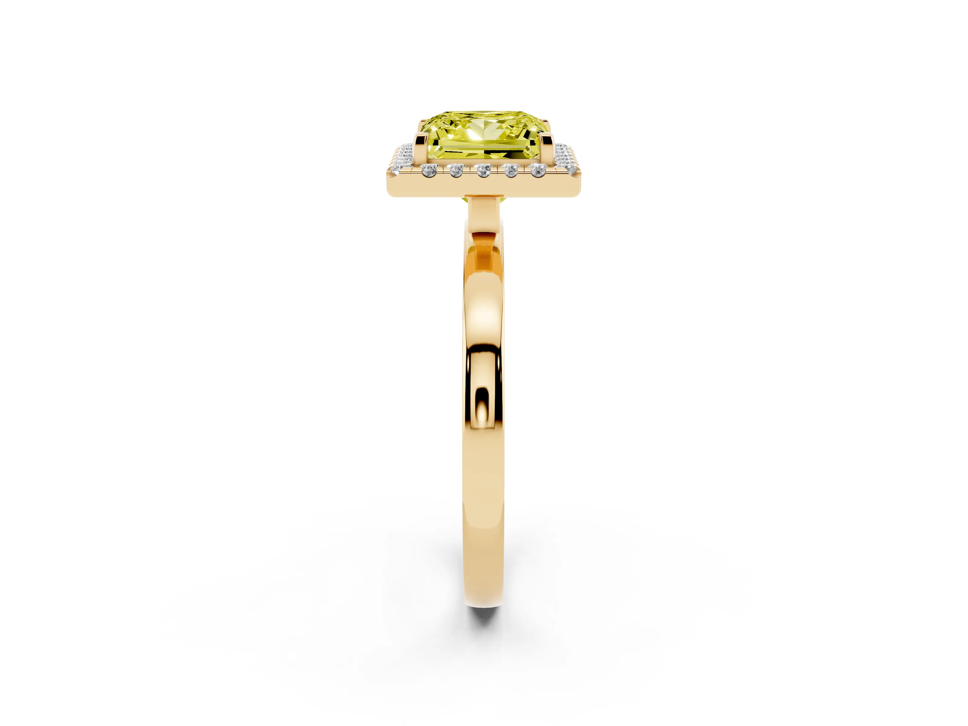 Fancy Yellow Princess Cut Diamond Halo Solitaire Ring Set in Yellow gold with Pavé Band and Prong Setting