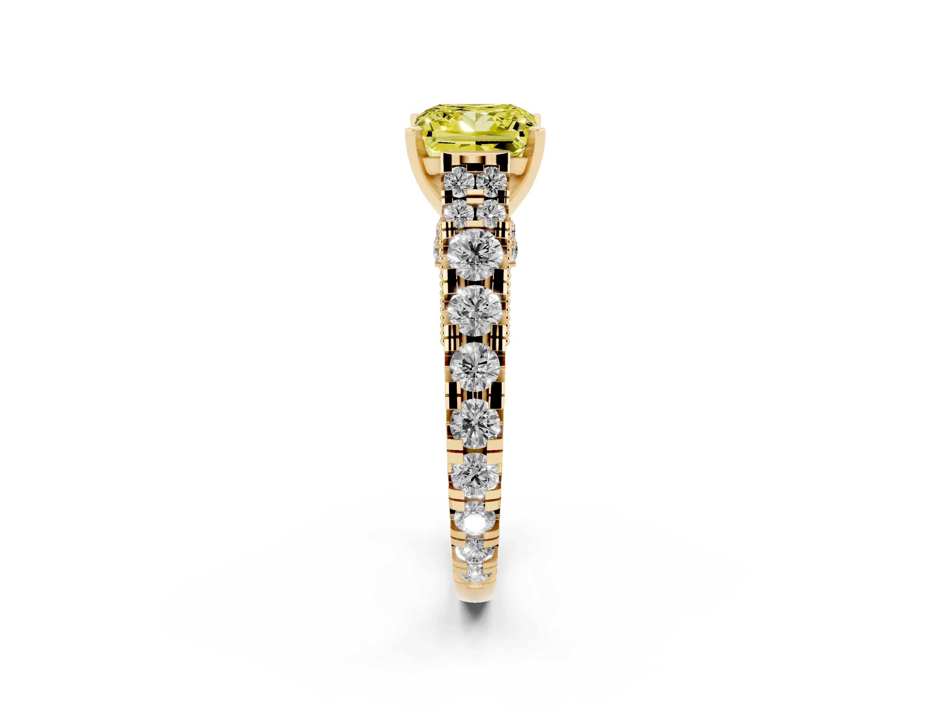 Fancy Yellow Princess Cut Diamond Classic Solitaire Ring Set in Yellow gold with Pavé Band and Prong Setting