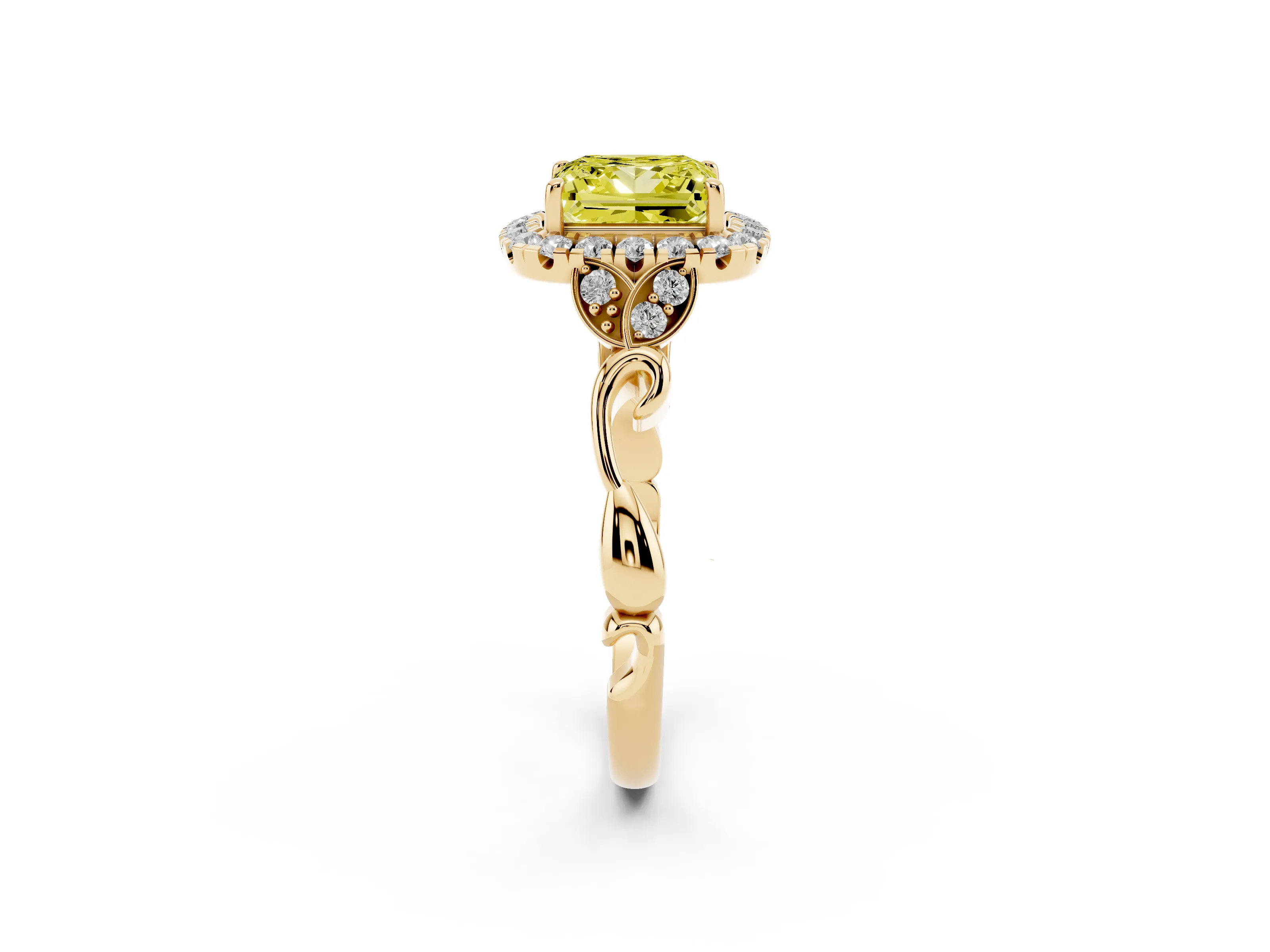 Fancy Yellow Princess Cut Diamond Halo Engagement Ring Set in Yellow gold with Vintage-Inspired Band and Prong Setting