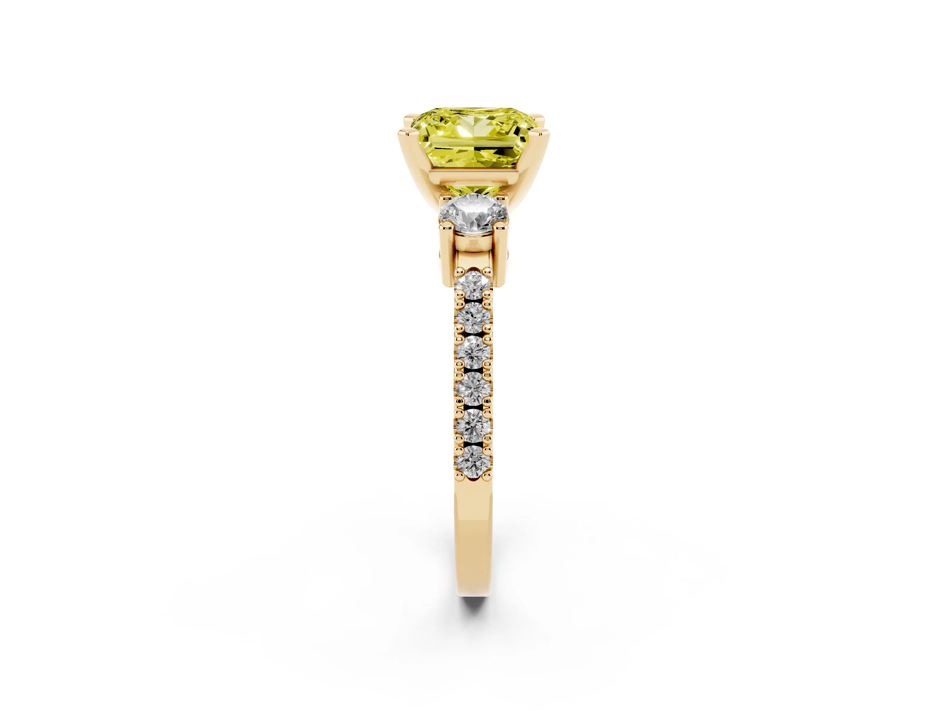 Fancy Yellow Three-Stone Princess Cut Diamond Pavé Band Ring Set in Yellow gold with Prong Setting
