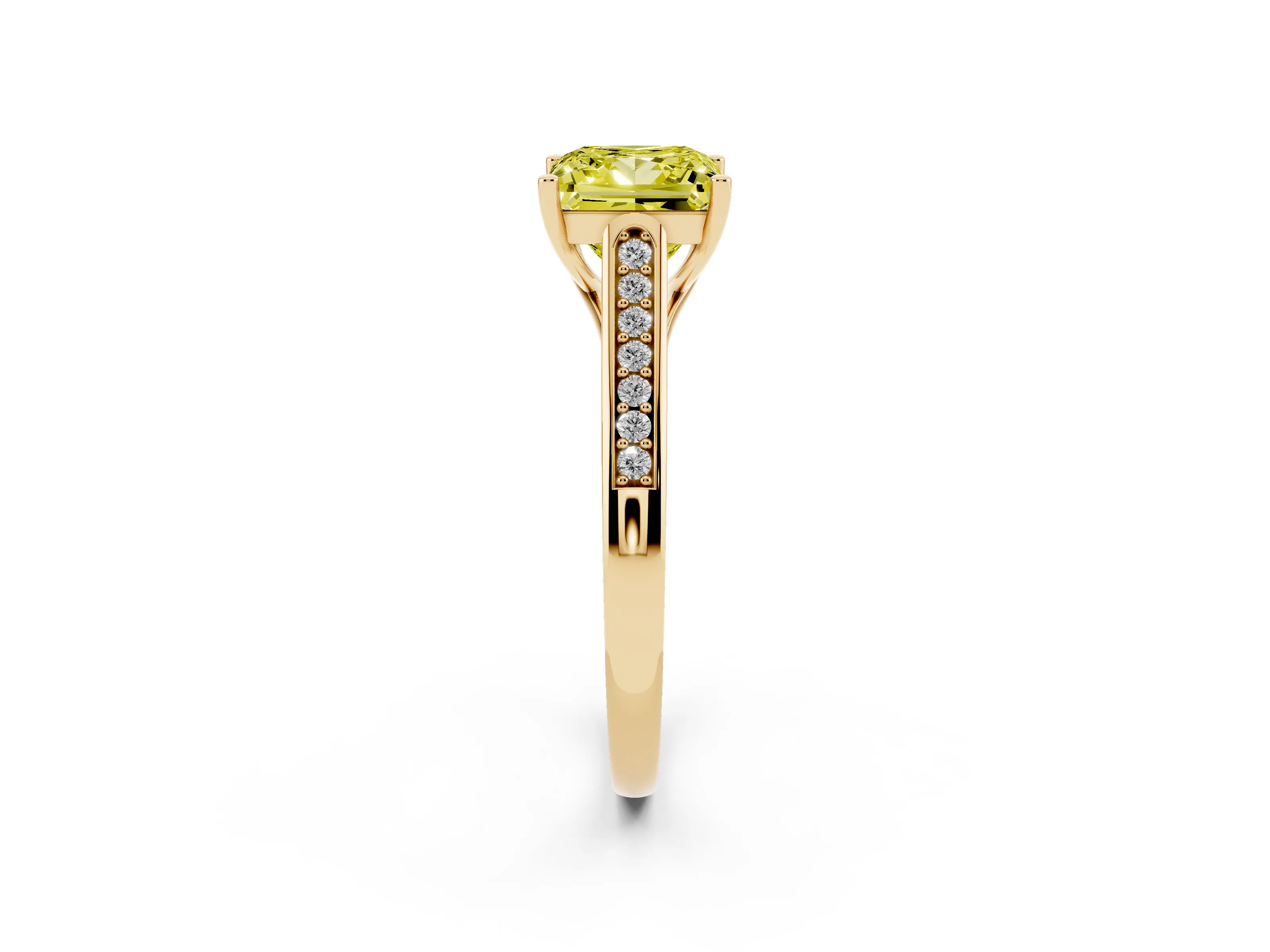 Fancy Yellow Princess Cut Diamond Solitaire Cathedral Engagement Ring Set in Yellow gold with Channel-Set Band and Prong Setting
