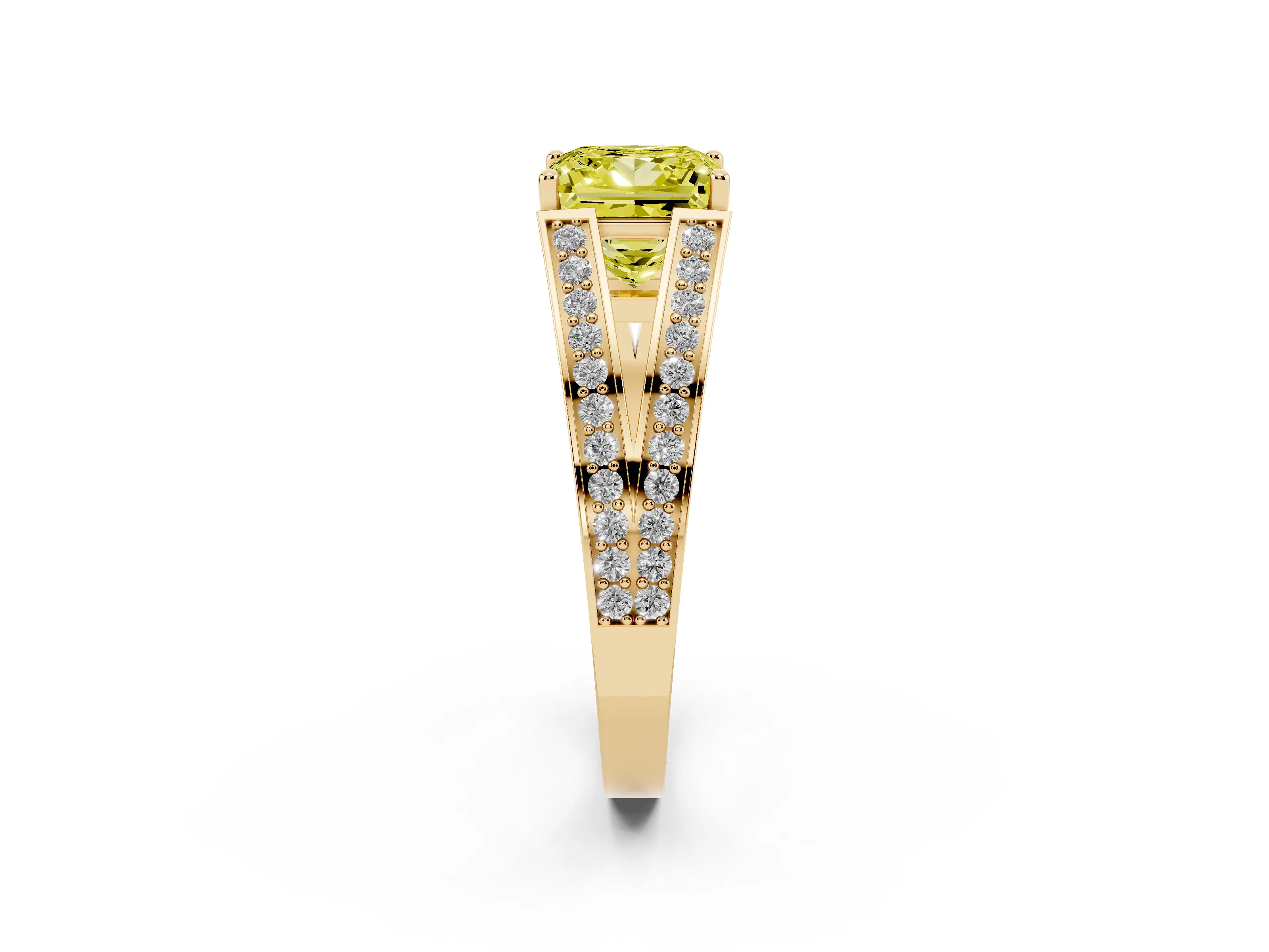 Fancy Yellow Princess Cut Diamond Split Shank Ring Set in Yellow gold with Pavé Band and Prong Setting