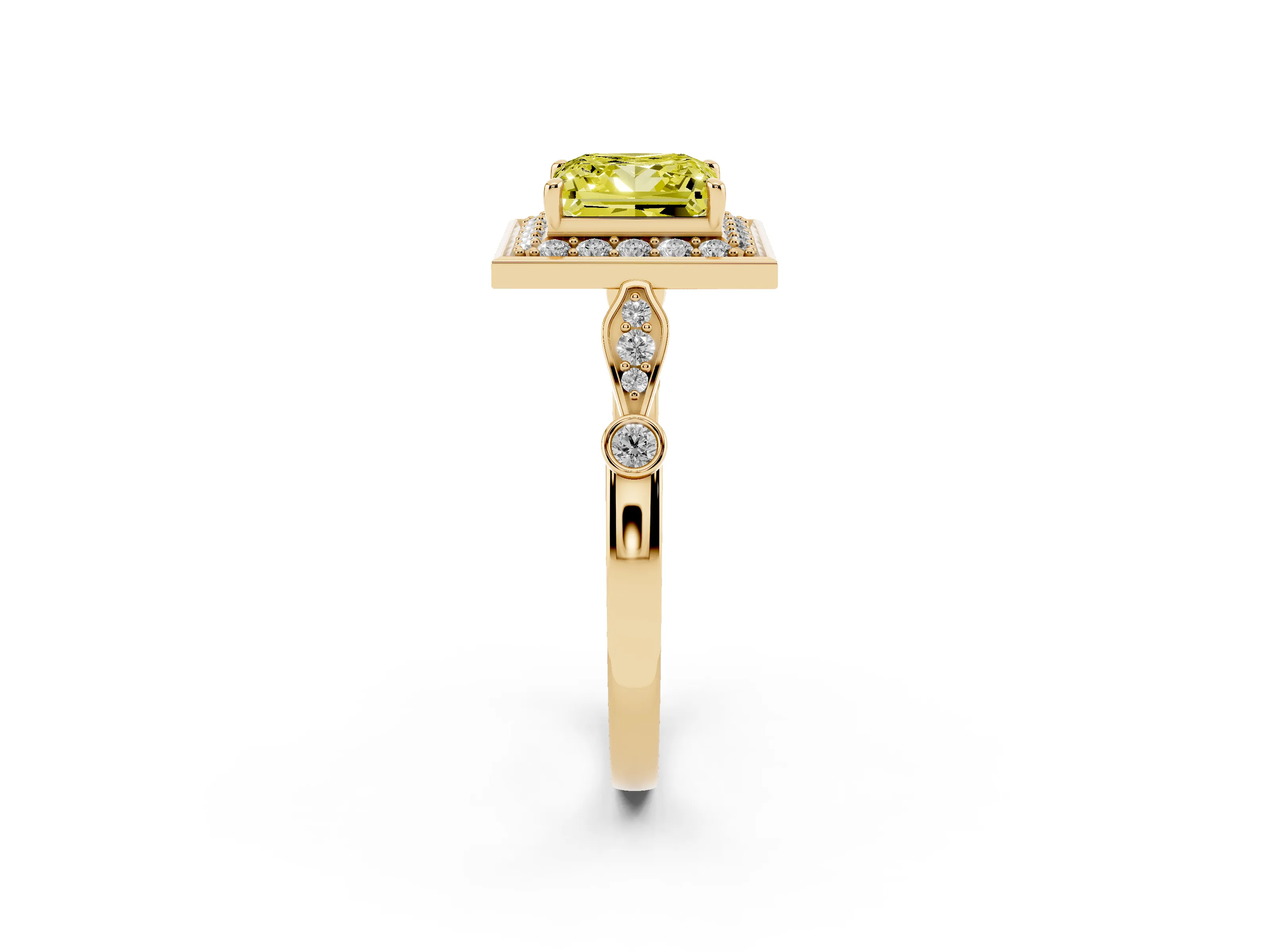 Fancy Yellow Princess Cut Diamond Halo Engagement Ring Set in Yellow gold with Twisted Band and Prong Setting