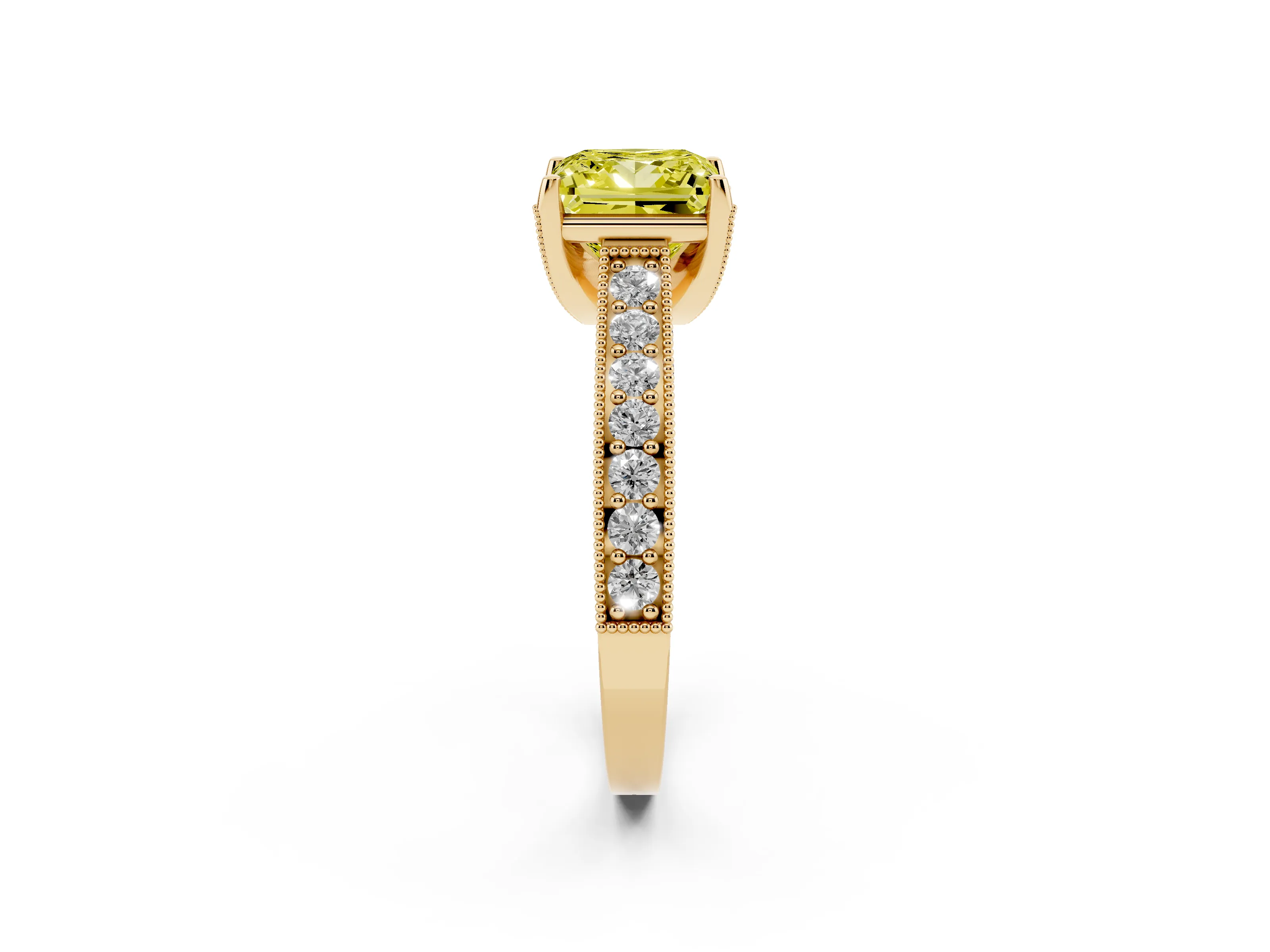 Fancy Yellow Princess Cut Diamond Solitaire Ring Set in Yellow gold with Milgrain-Edged Pavé Band and Prong Setting