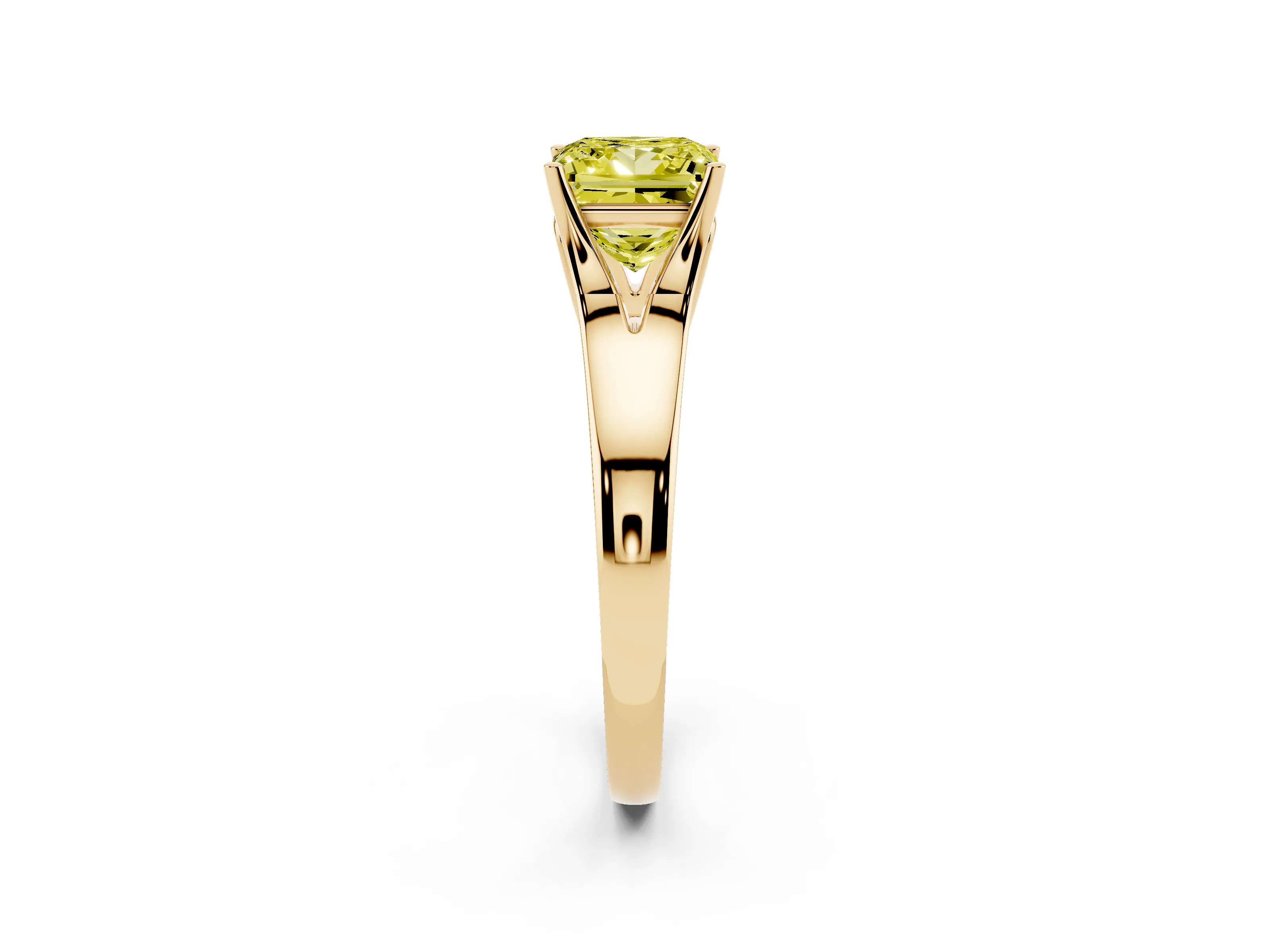 Fancy Yellow Princess Cut Diamond Solitaire Ring Set in Yellow gold with Arched Cathedral Band and Prong Setting