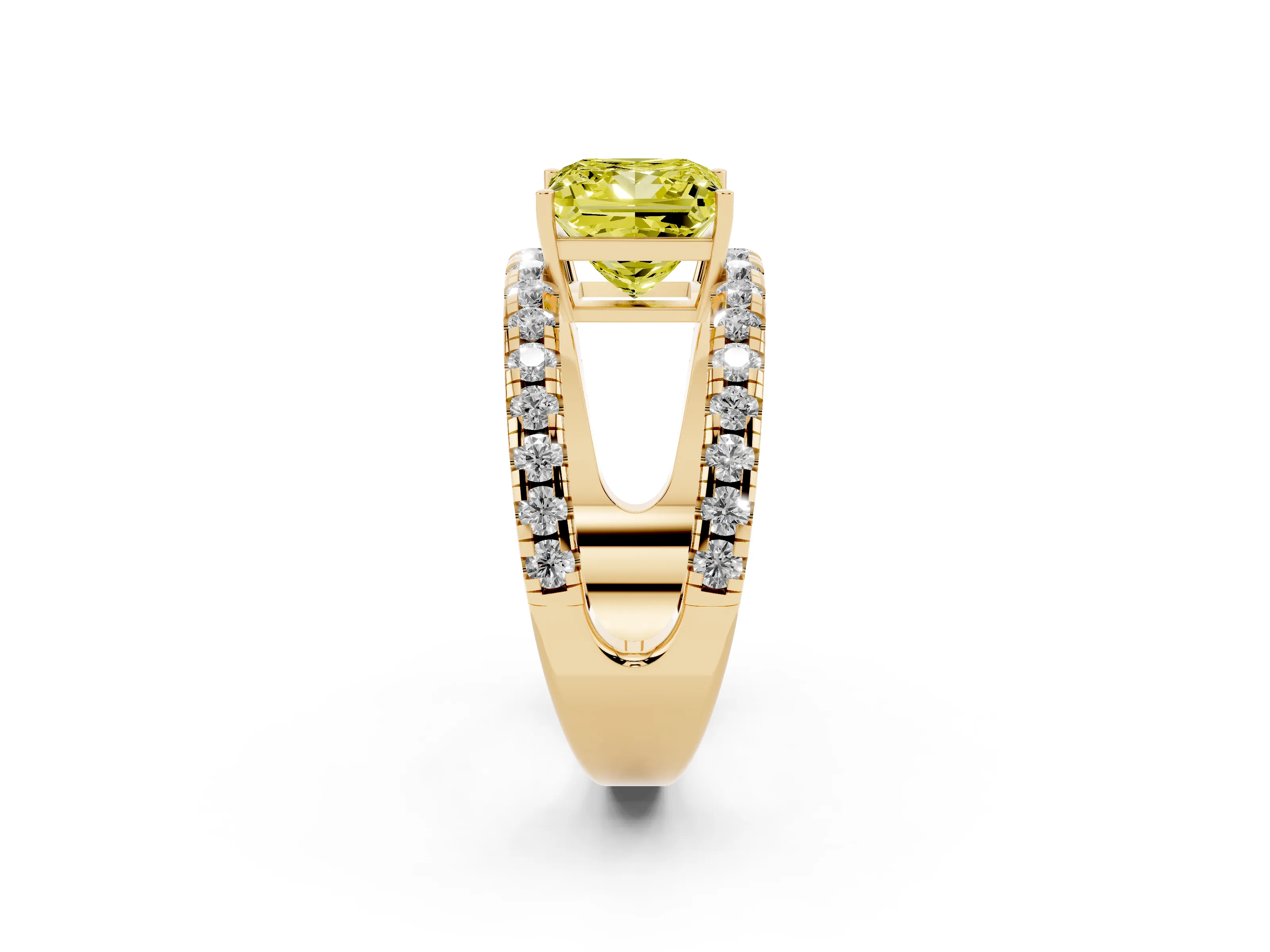 Fancy Yellow Princess Cut Diamond Split Shank Pavé Solitaire Ring Set in Yellow gold with Open Shank Design