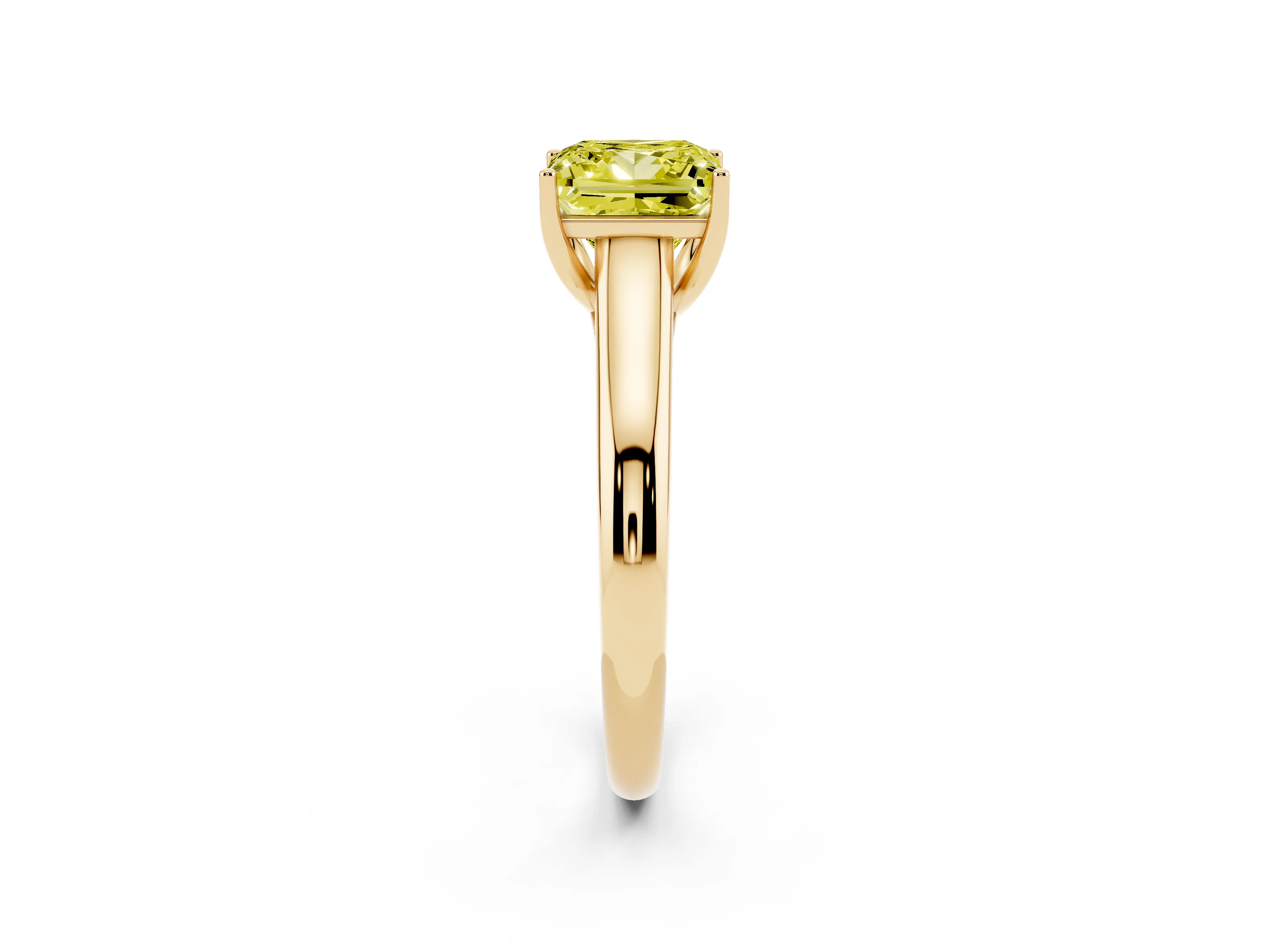 Fancy Yellow Princess Cut Diamond Solitaire Engagement Ring Set in Yellow gold with Subtly Tapered Band and Prong Setting