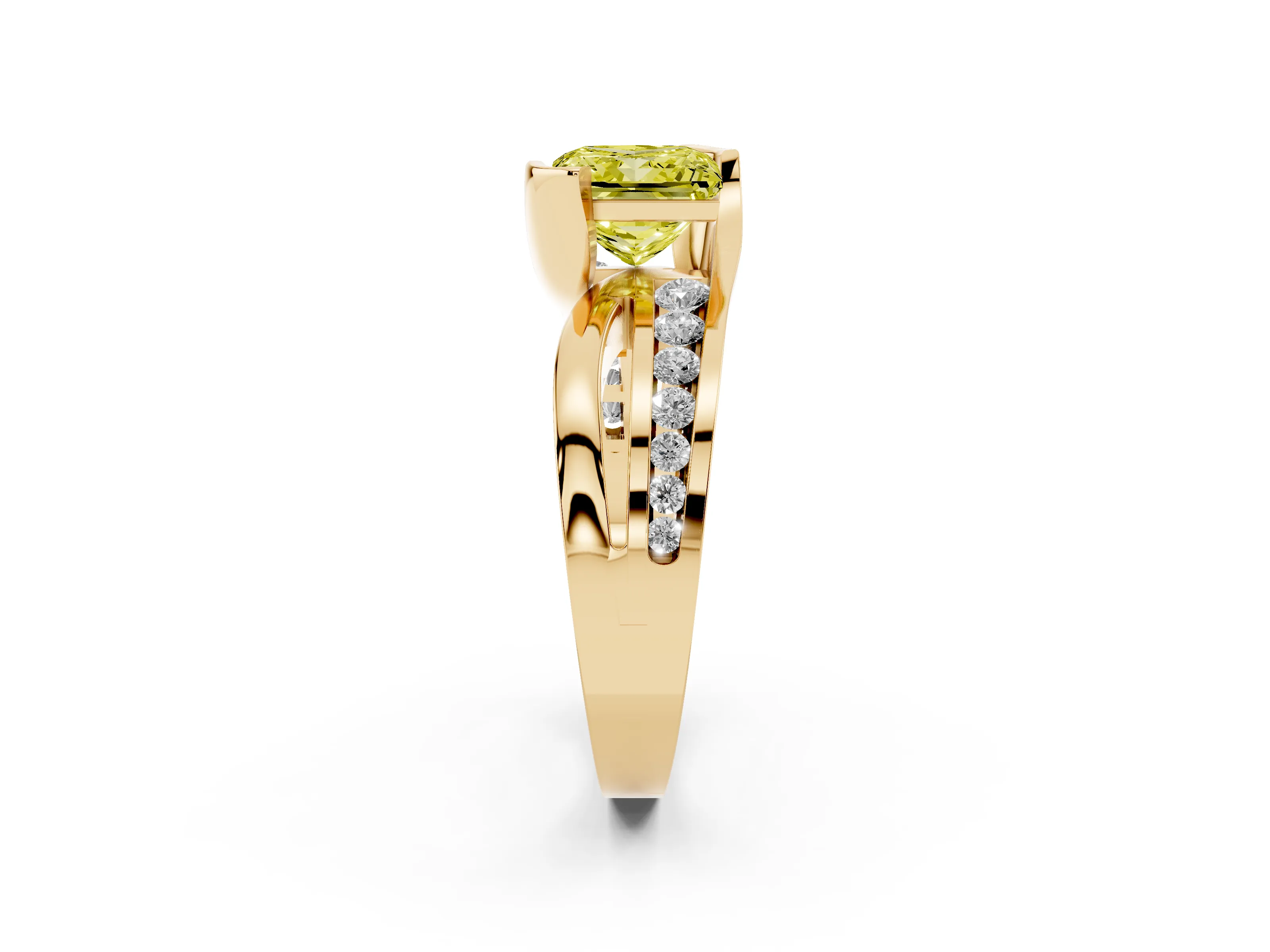 Fancy Yellow Princess Cut Diamond Solitaire Ring Set in Yellow gold with Channel Set Split Shank and Tension Prongs