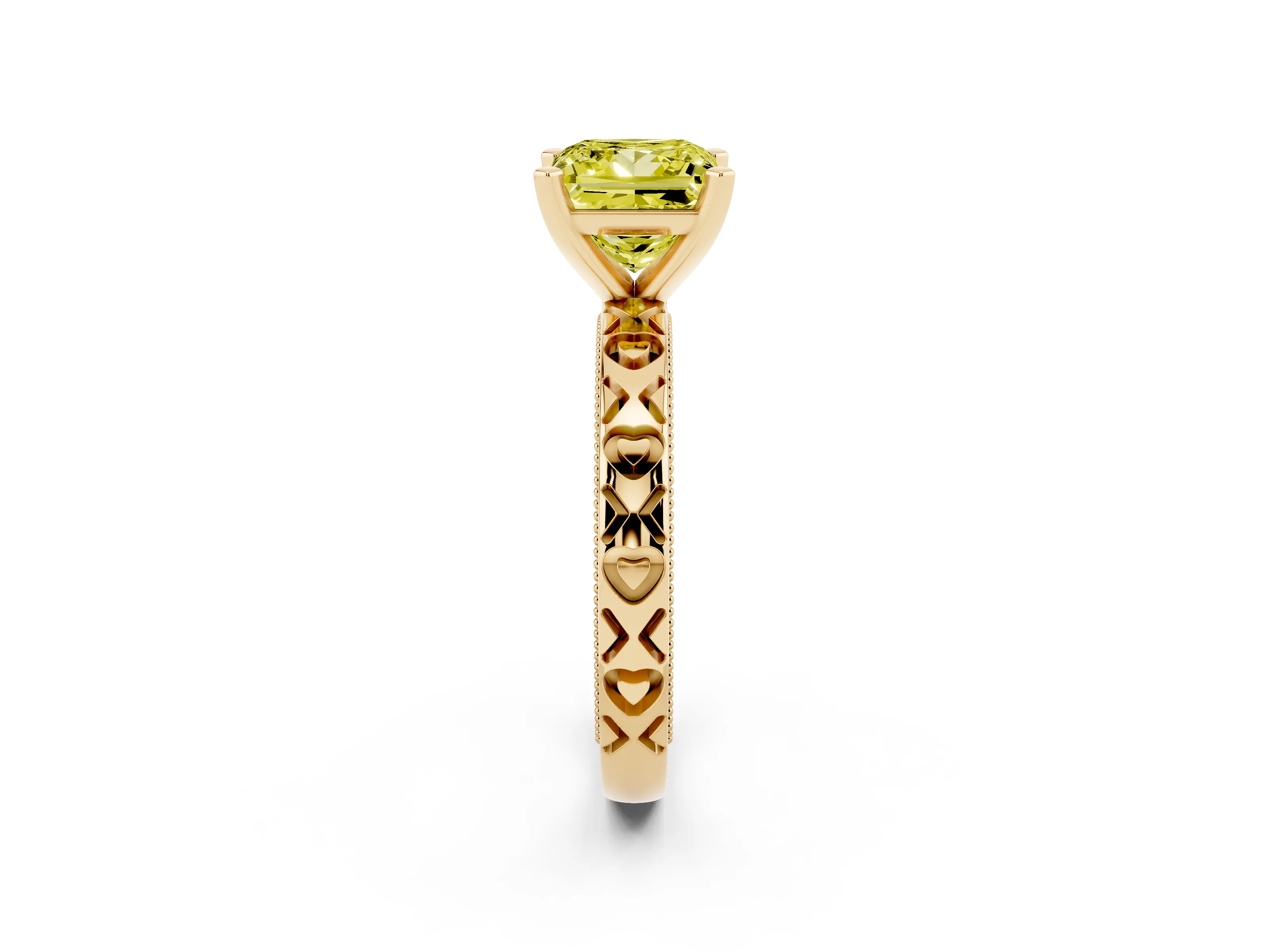Fancy Yellow Princess Cut Diamond Solitaire Engagement Ring Set in Yellow gold with XO Engraved Band and Prong Setting