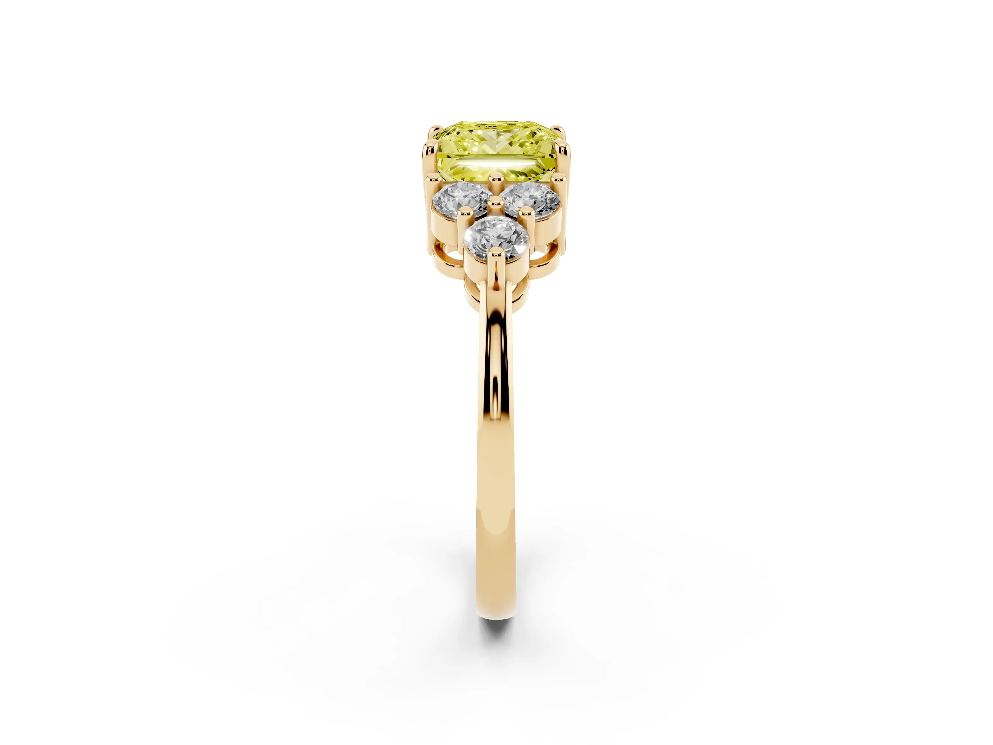 Fancy Yellow Princess Cut Diamond Solitaire Ring Set in Yellow gold with Cluster Accents on Each Side