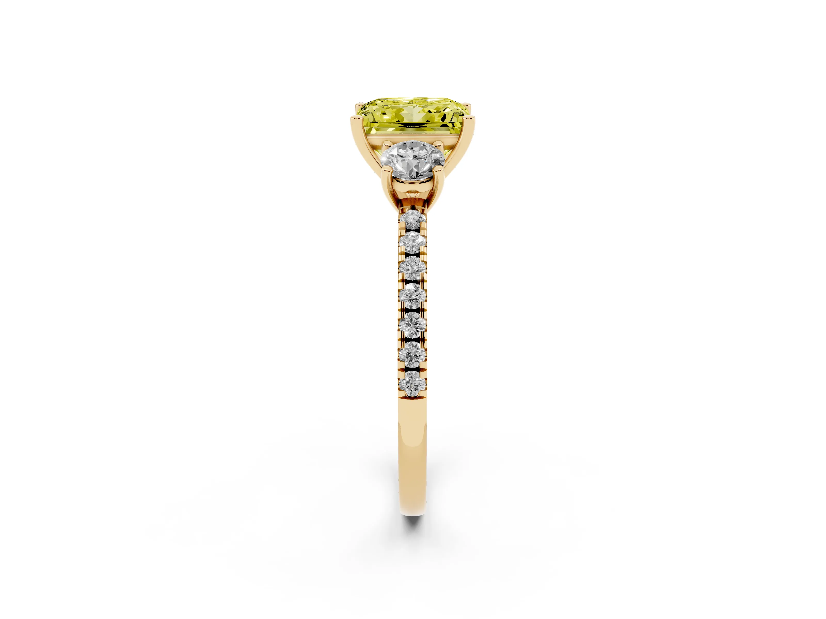 Fancy Yellow Princess Cut Diamond Three-Stone Ring Set in Yellow gold with Pavé Band and Graduated Sides
