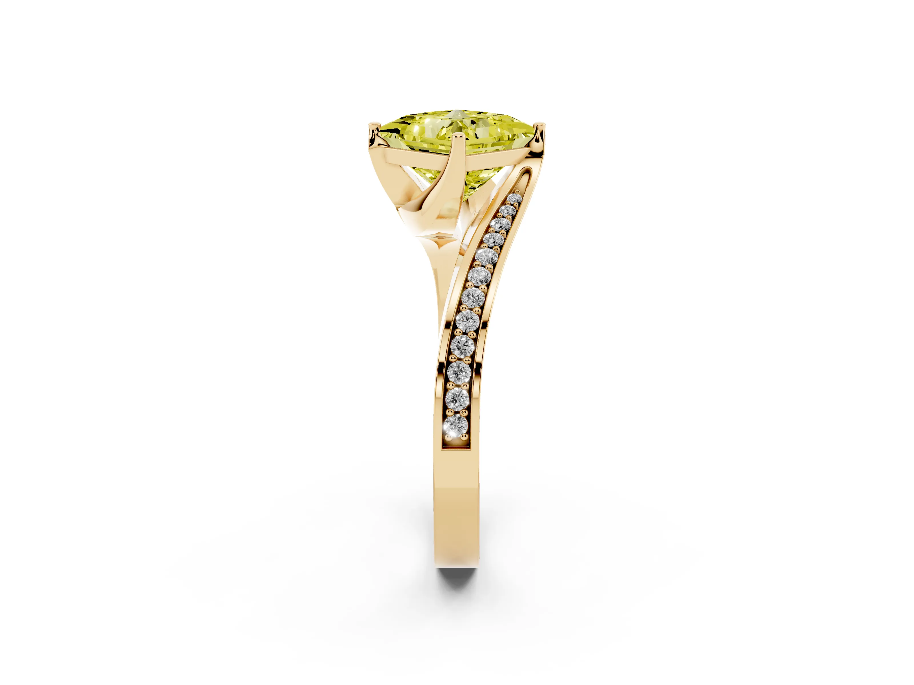 Fancy Yellow Princess Cut Diamond Solitaire Ring Set in Yellow gold with Intertwined Pavé Twist Band