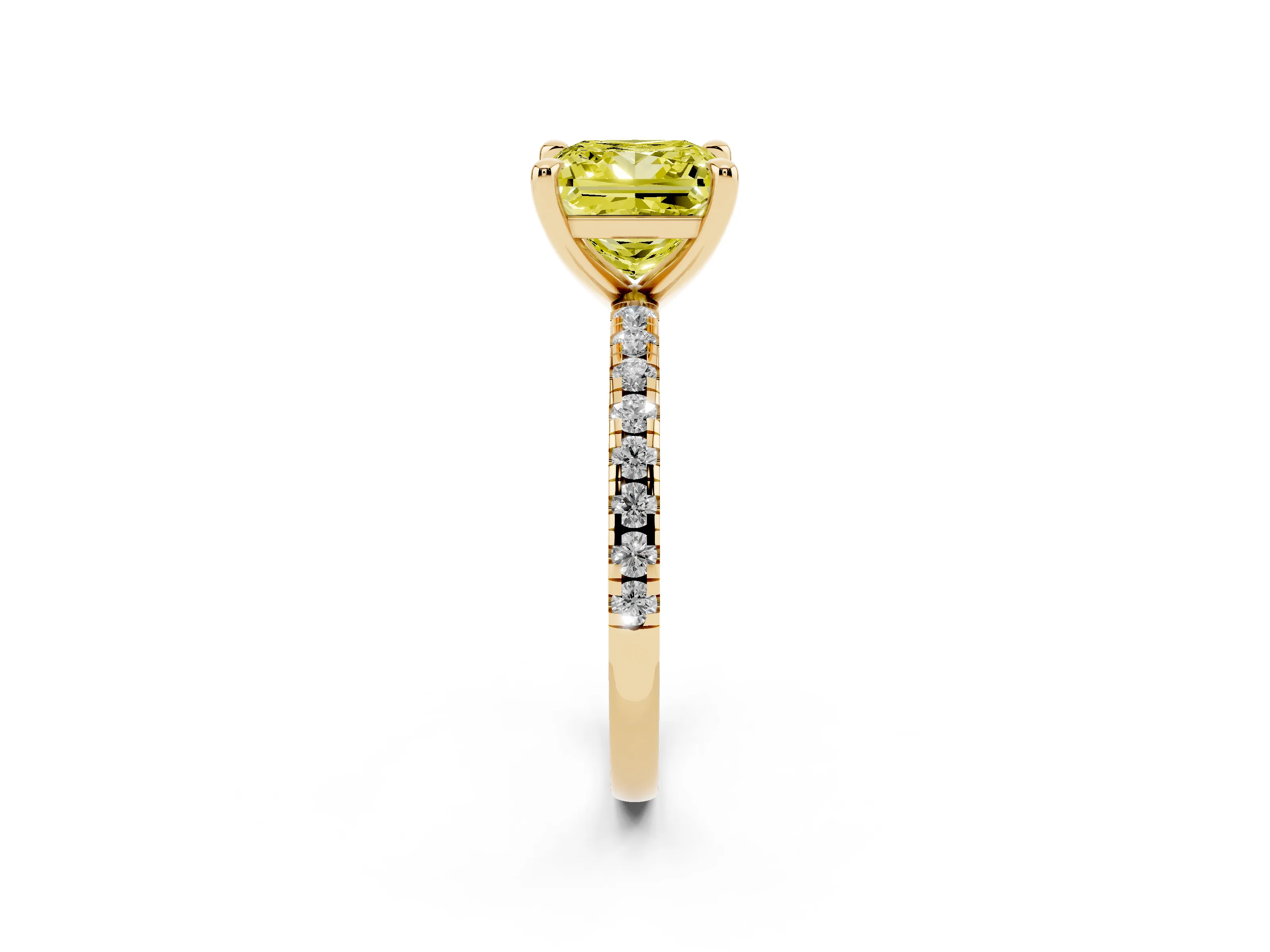 Fancy Yellow Princess Cut Diamond Brilliant Solitaire Ring Set in Yellow gold with Pavé Band and Prong Setting