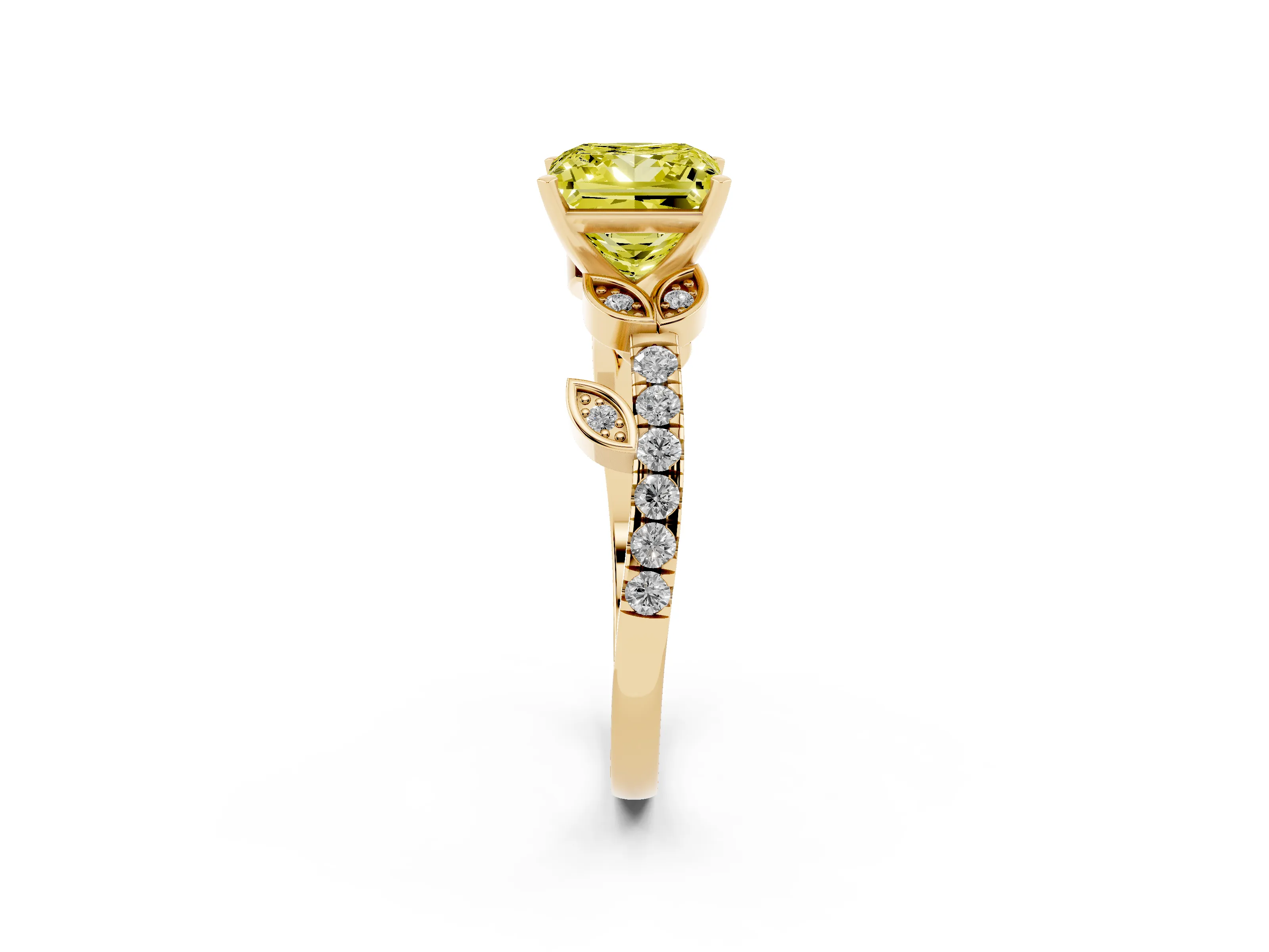 Fancy Yellow Princess Cut Diamond Solitaire Leaf-Inspired Ring Set in Yellow gold with Pavé Band and Prong Setting