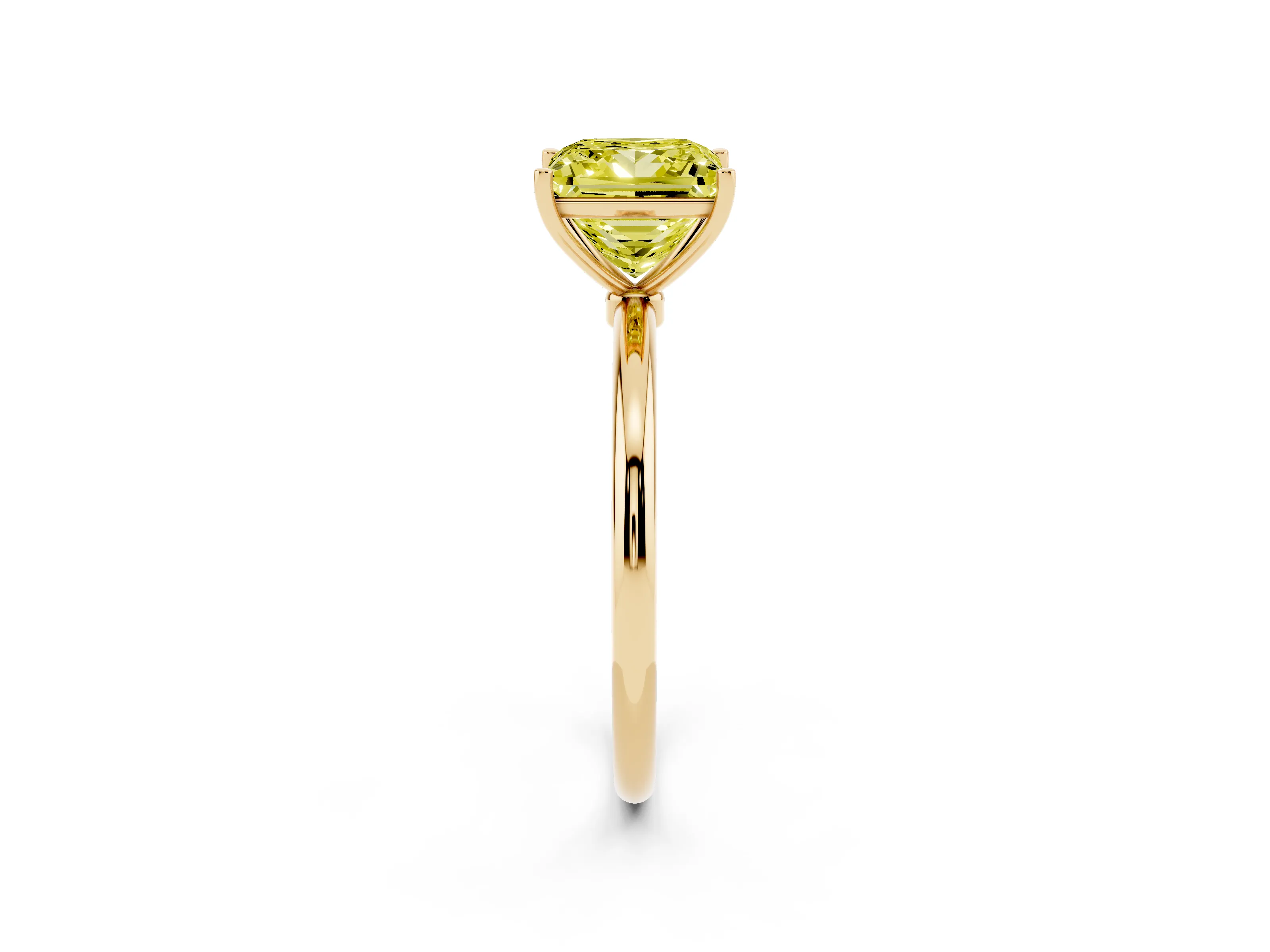 Fancy Yellow Princess Cut Diamond Solitaire Engagement Ring Set in Yellow gold with Thin Band and Prong Setting