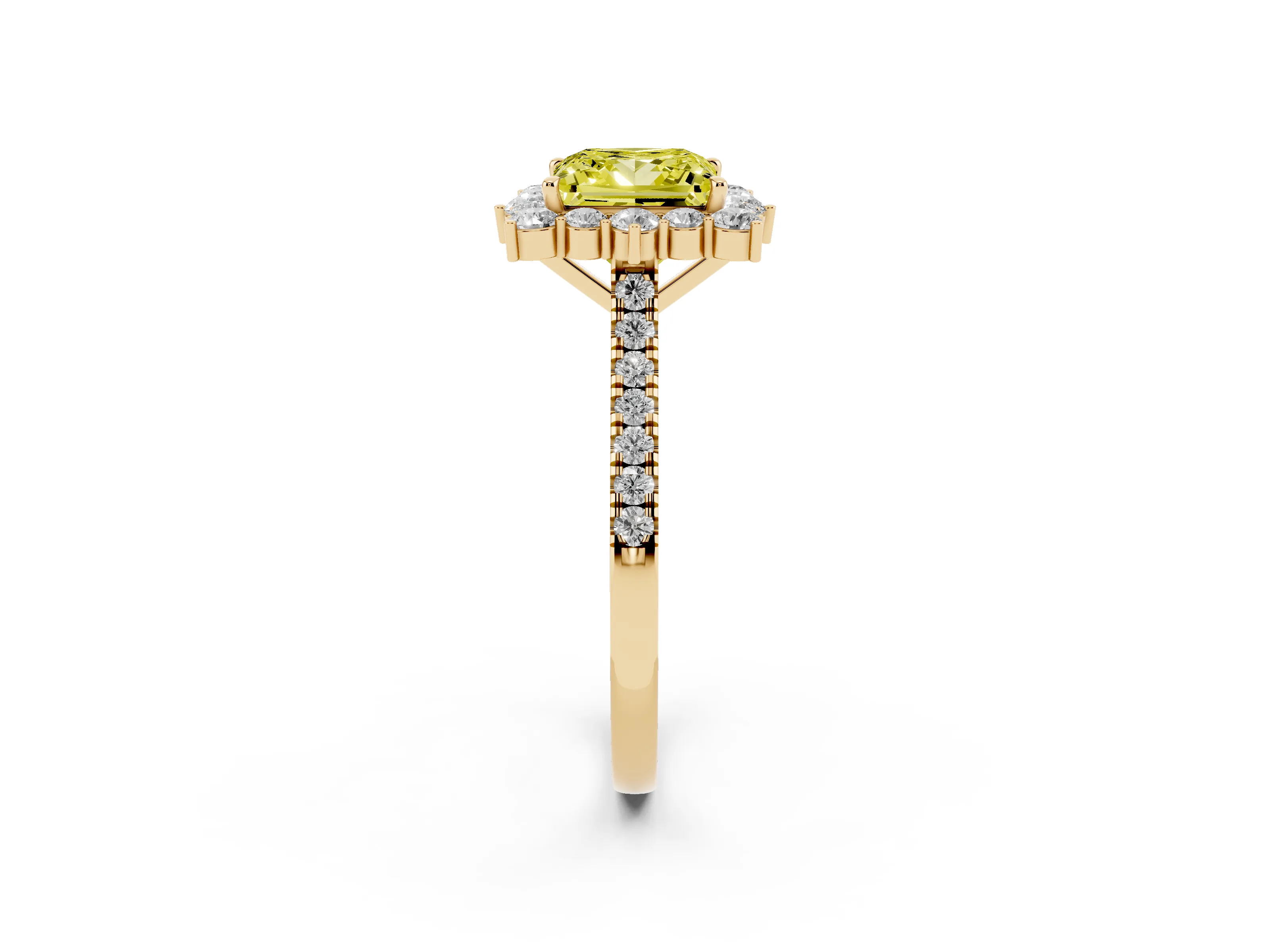 Fancy Yellow Princess Cut Diamond Halo Ring Set in Yellow gold with Pavé Band and Prong Setting