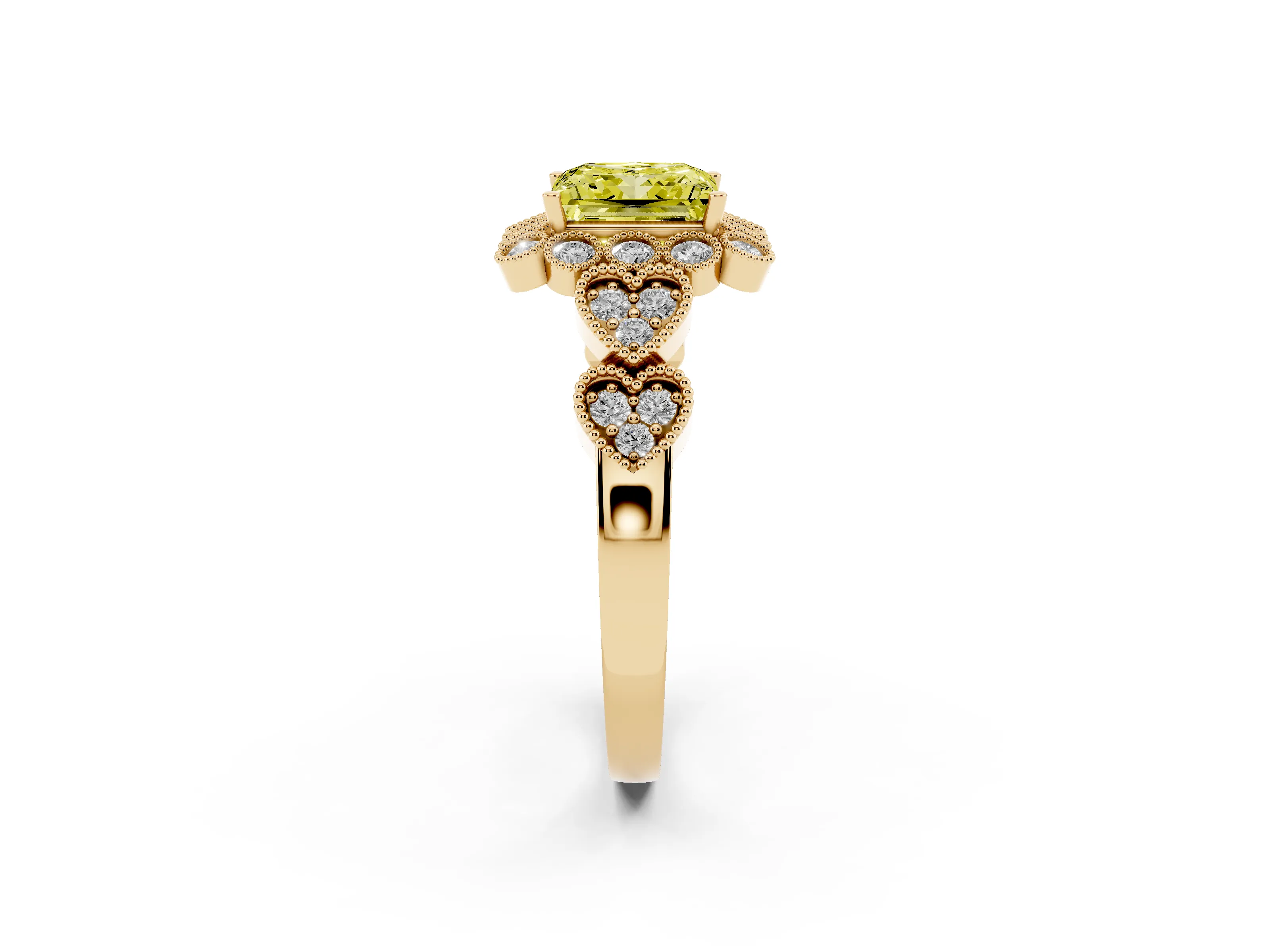 Fancy Yellow Princess Cut Diamond Solitaire Ring Set in Yellow gold with Milgrain Pavé Heart Band