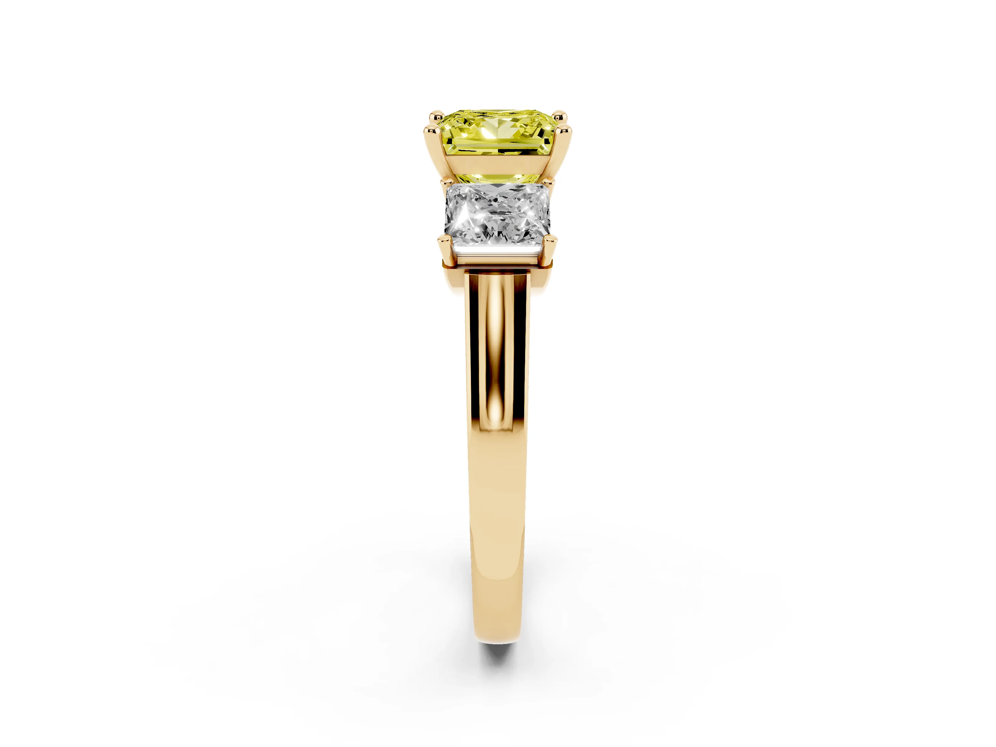 Fancy Yellow Princess Cut Diamond Three-Stone Trellis Ring Set in Yellow gold with Comfort Fit Band