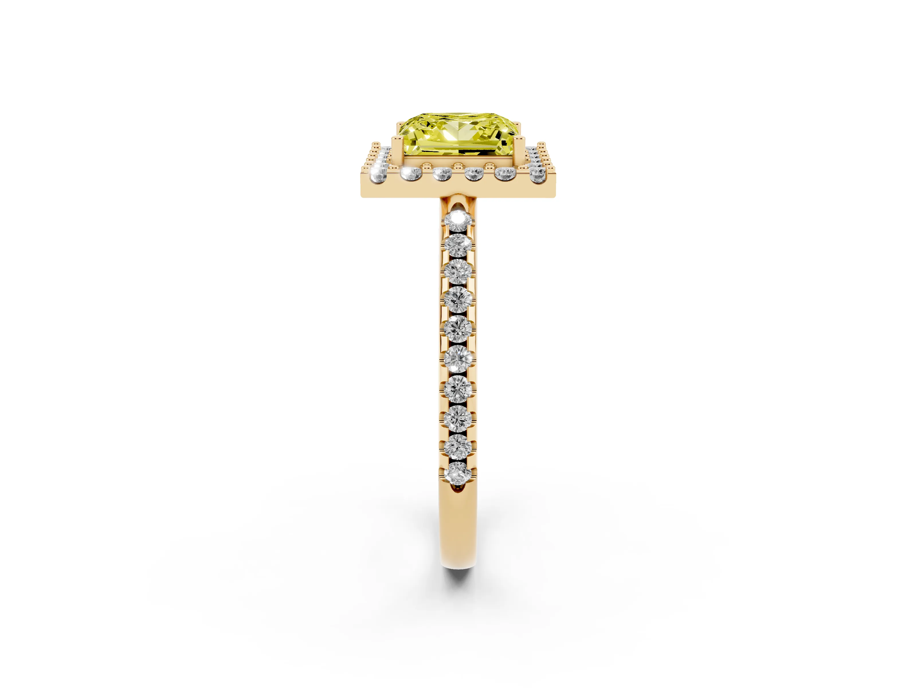 Fancy Yellow Princess Cut Diamond Pavé Halo Ring Set in Yellow gold with Prong Setting