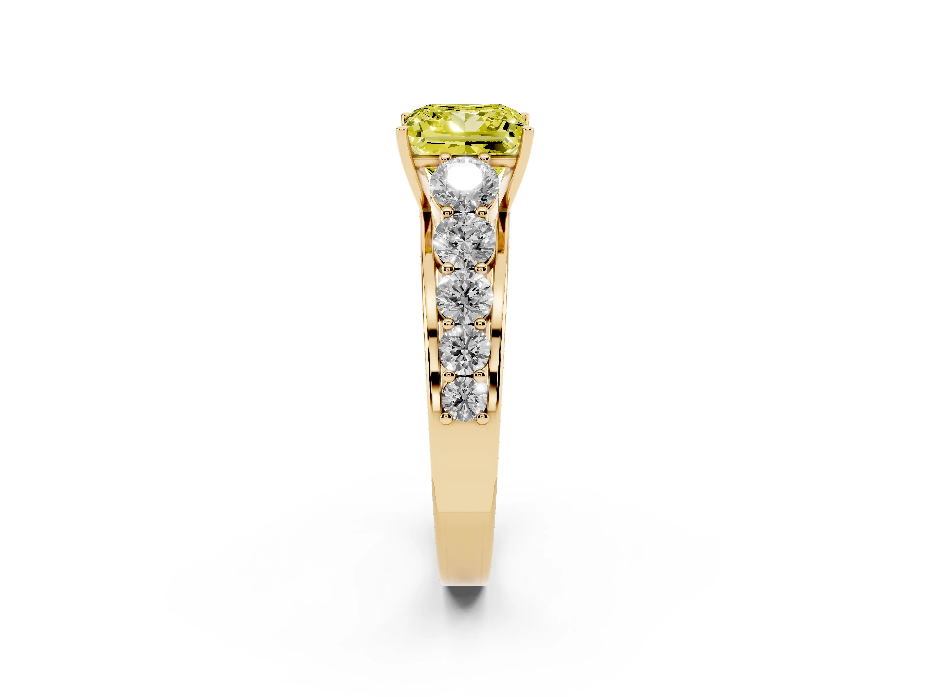Fancy Yellow Princess Cut Diamond Solitaire Ring Set in Yellow gold with Pavé-Set Band and Prong Setting