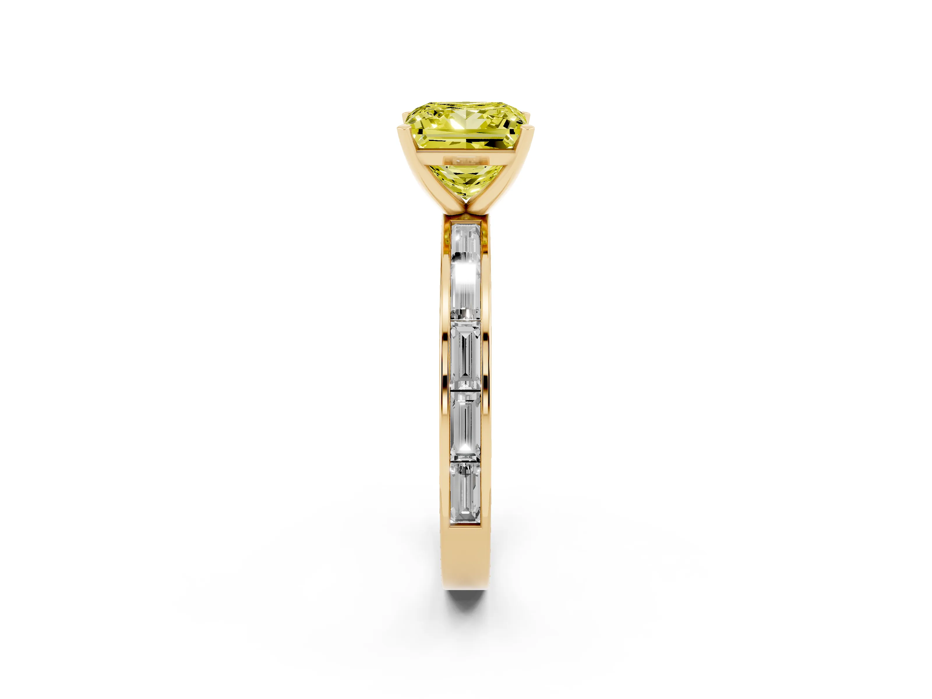 Fancy Yellow Princess Cut Diamond Solitaire Ring Set in Yellow gold with Channel-Set Baguette Band and Prong Setting