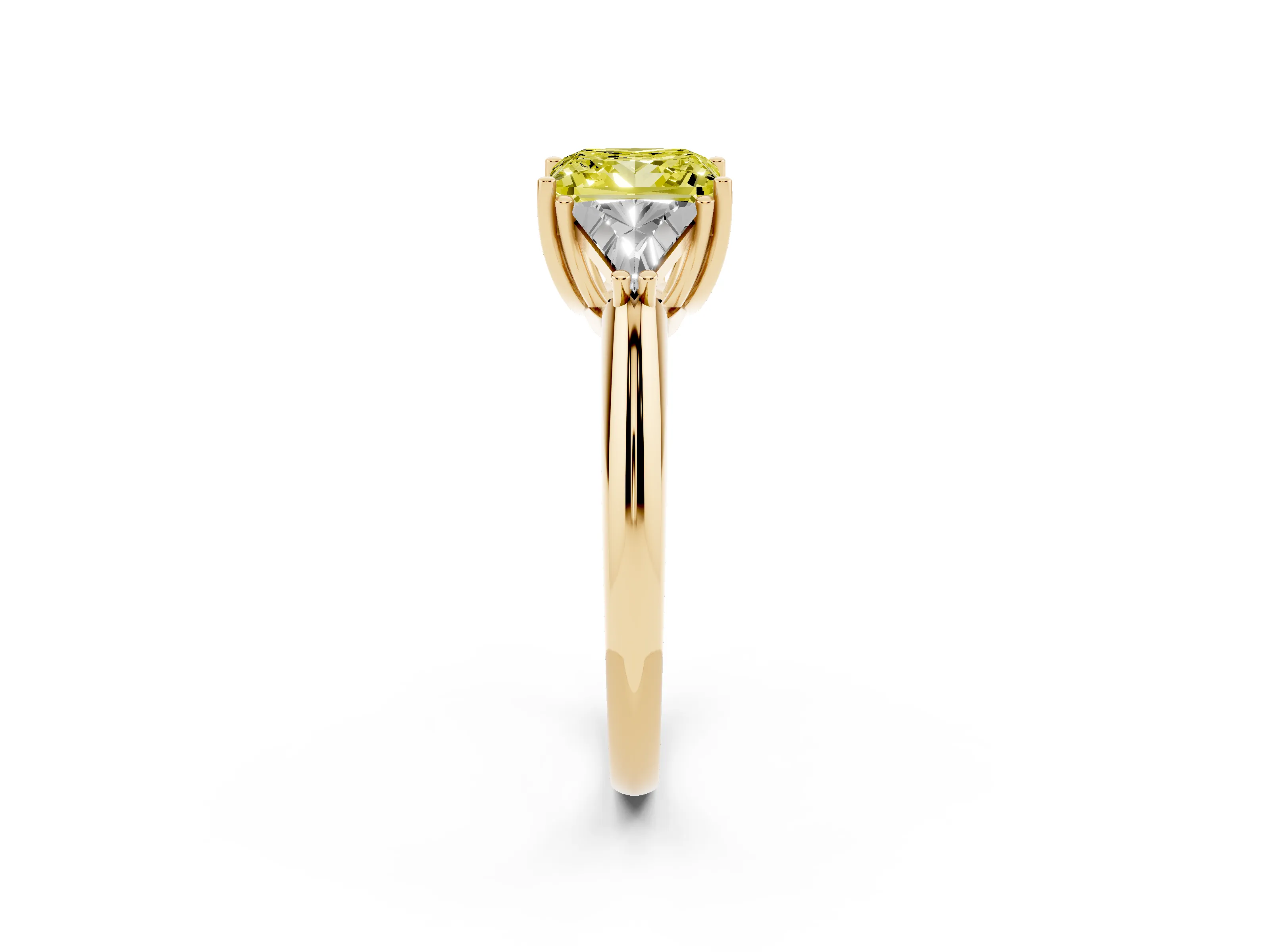 Fancy Yellow Princess Cut Diamond Three-Stone Engagement Ring Set in Yellow gold with Trillion Side Stones