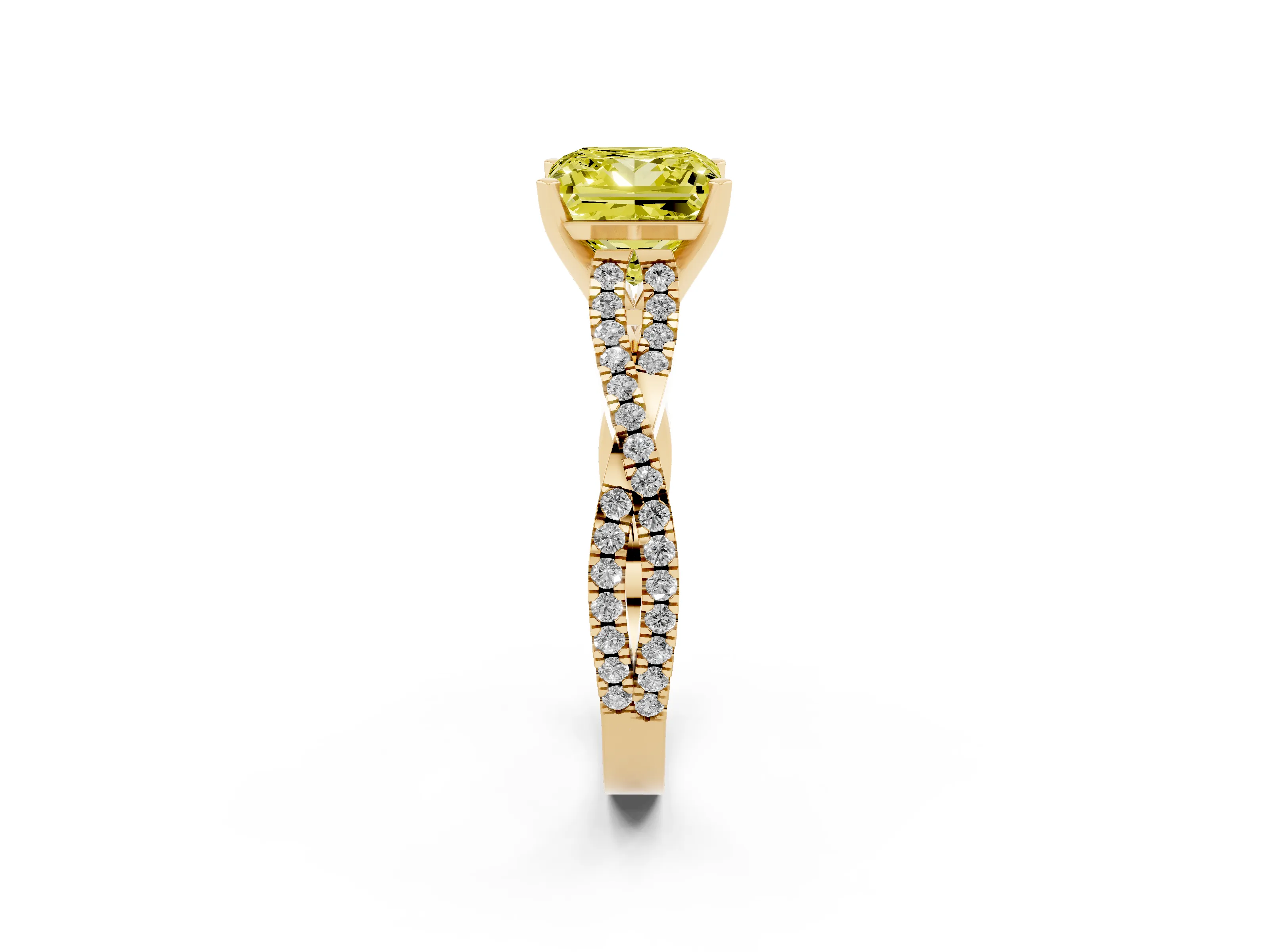 Fancy Yellow Princess Cut Diamond Solitaire Engagement Ring Set in Yellow gold with Twisted Pavé Band and Prong Setting