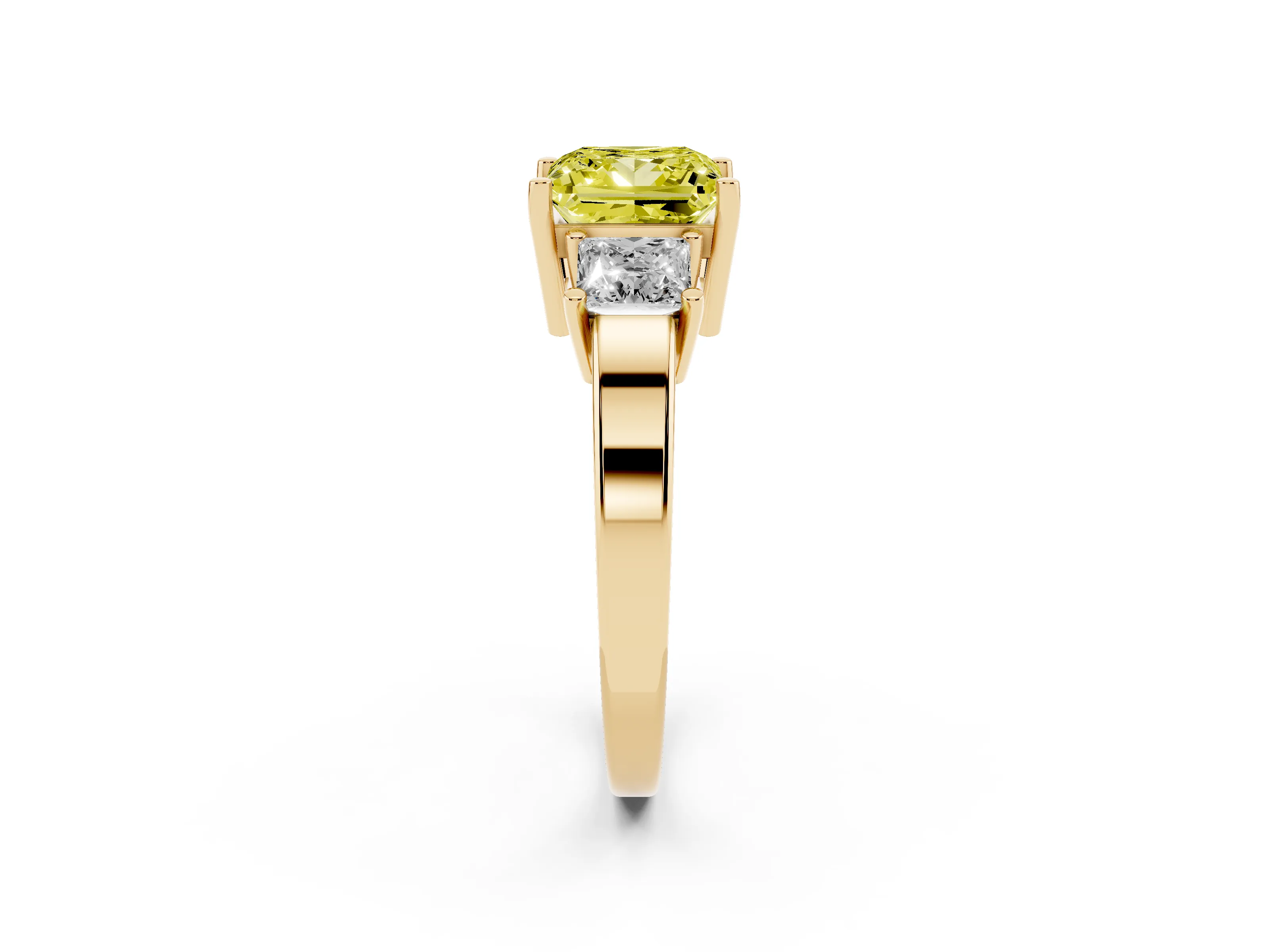 Fancy Yellow Three-Stone Princess Cut Diamond Solitaire Ring Set in Yellow gold with Prong Setting
