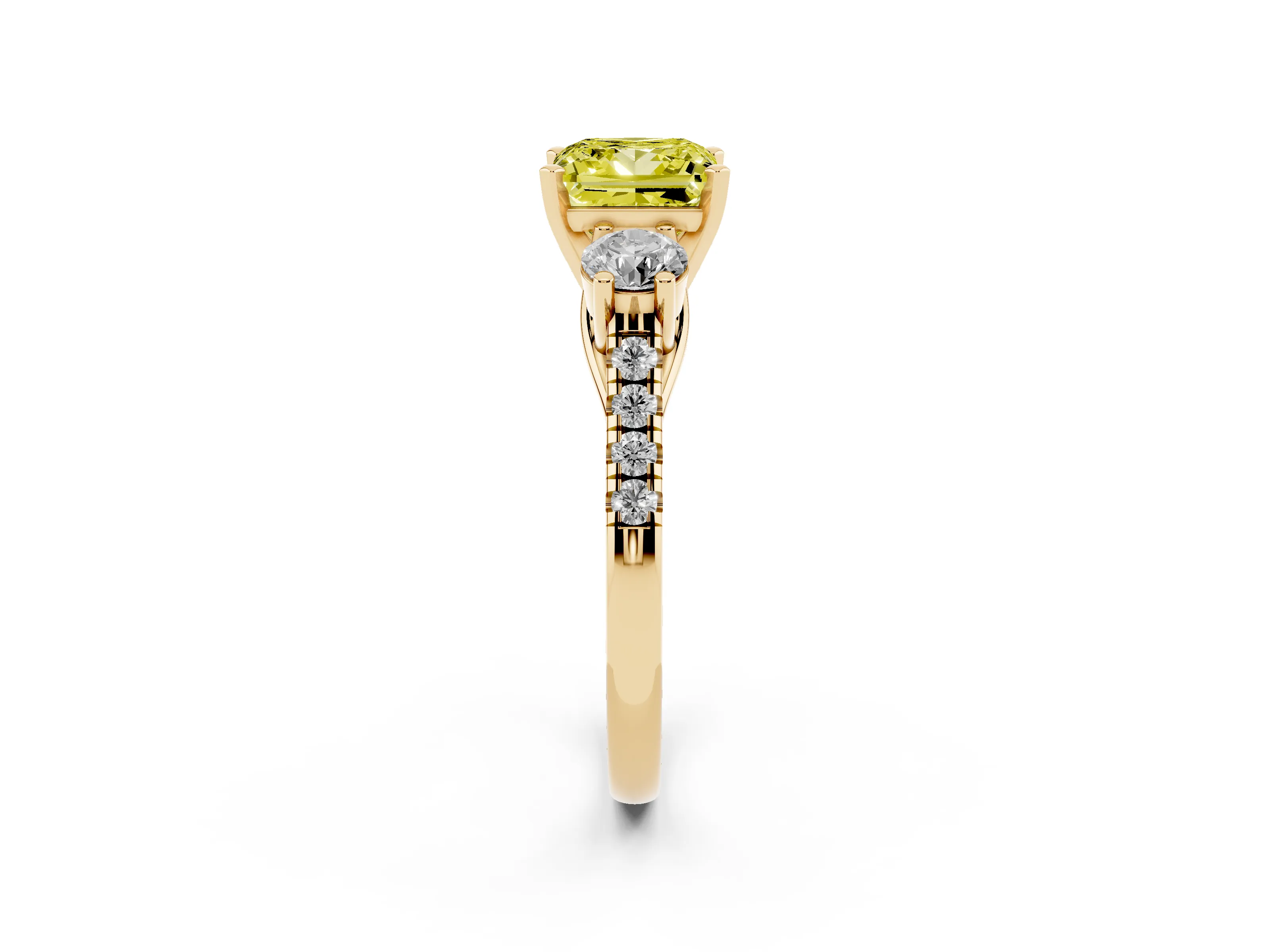 Fancy Yellow Three-Stone Princess Cut Diamond Pavé Band Ring Set in Yellow gold with Prong-Set Trio