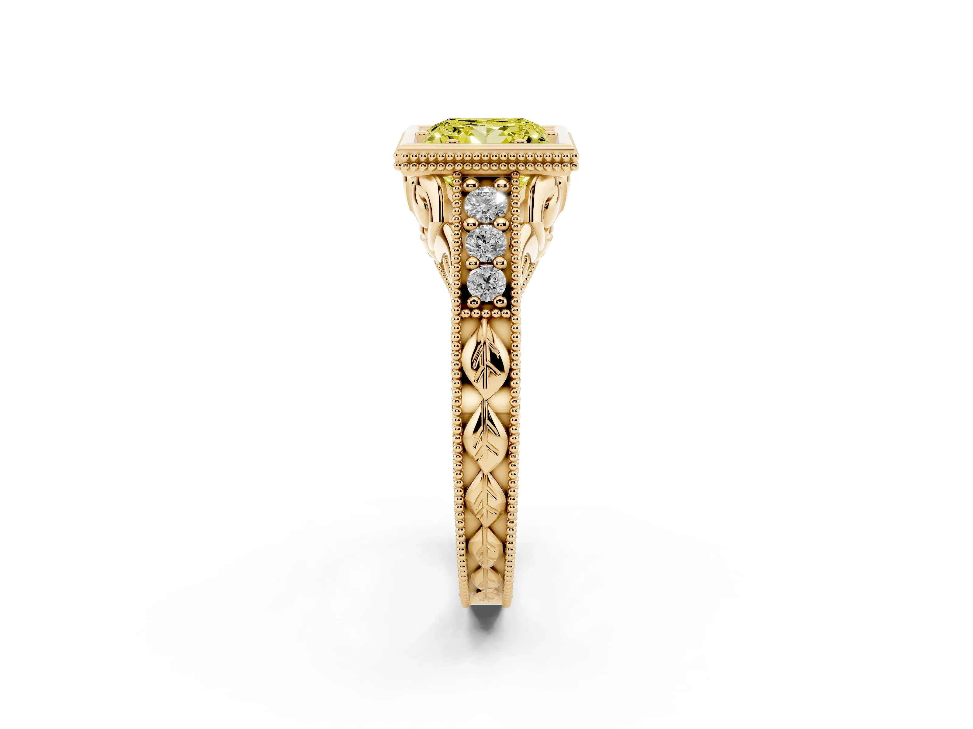 Fancy Yellow Bezel Set Princess Cut Diamond Milgrain Pavé Engagement Ring Set in Yellow gold