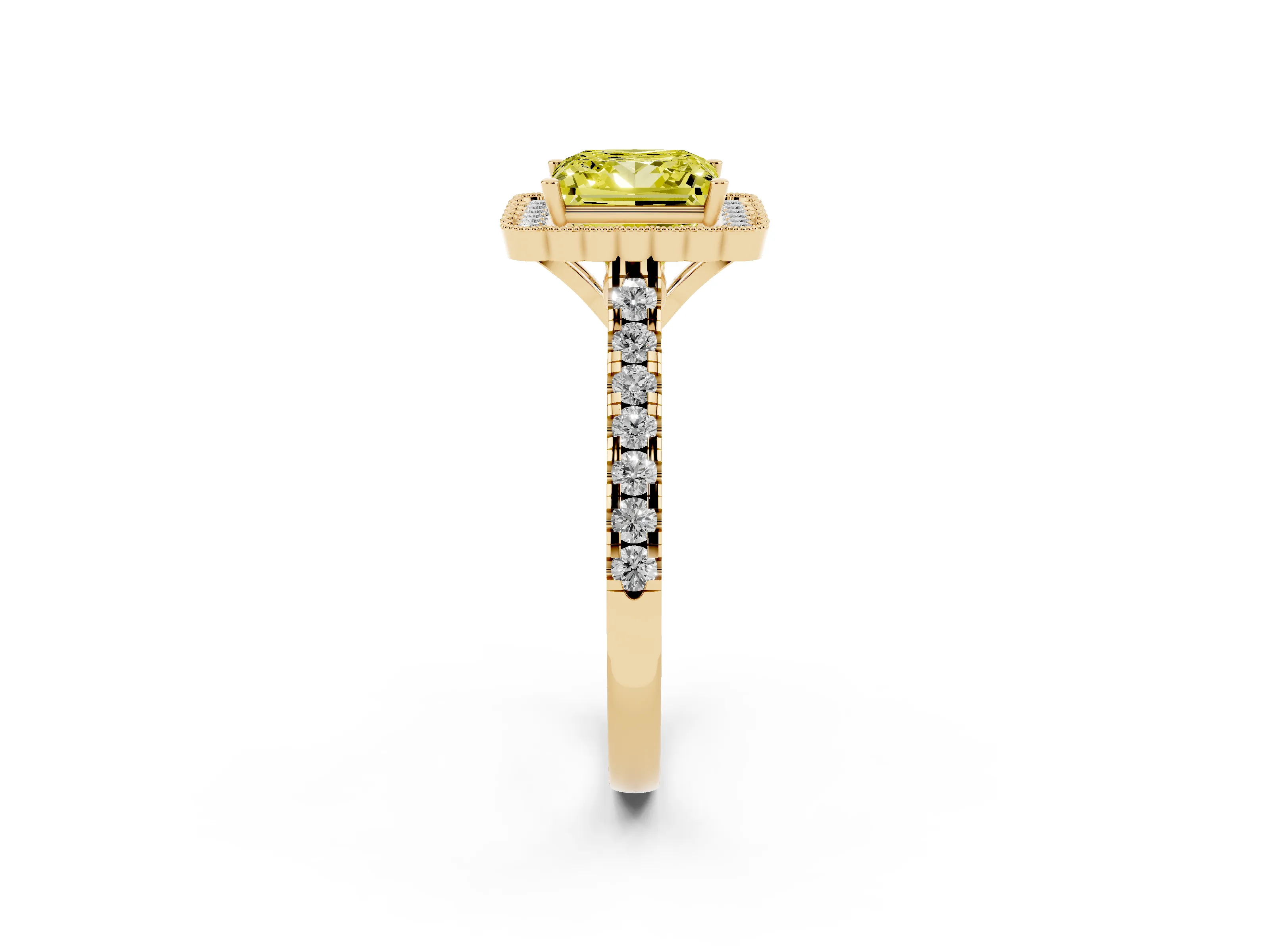 Fancy Yellow Princess Cut Diamond Milgrain Floral Halo Engagement Ring Set in Yellow gold with Pavé Band