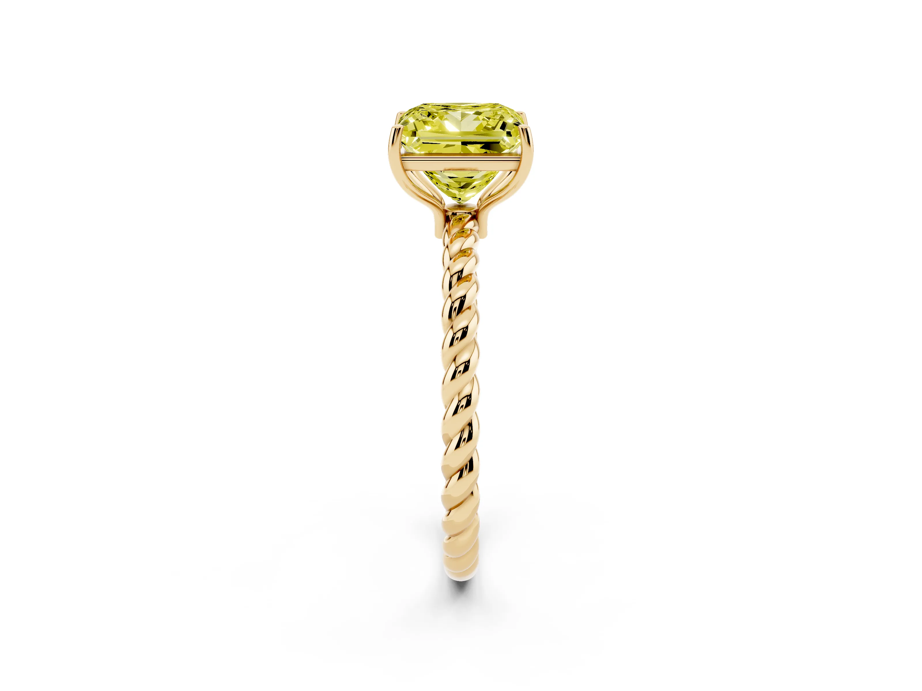 Fancy Yellow Princess Cut Diamond Solitaire Ring Set in Yellow gold with Twist Band and Prong Setting