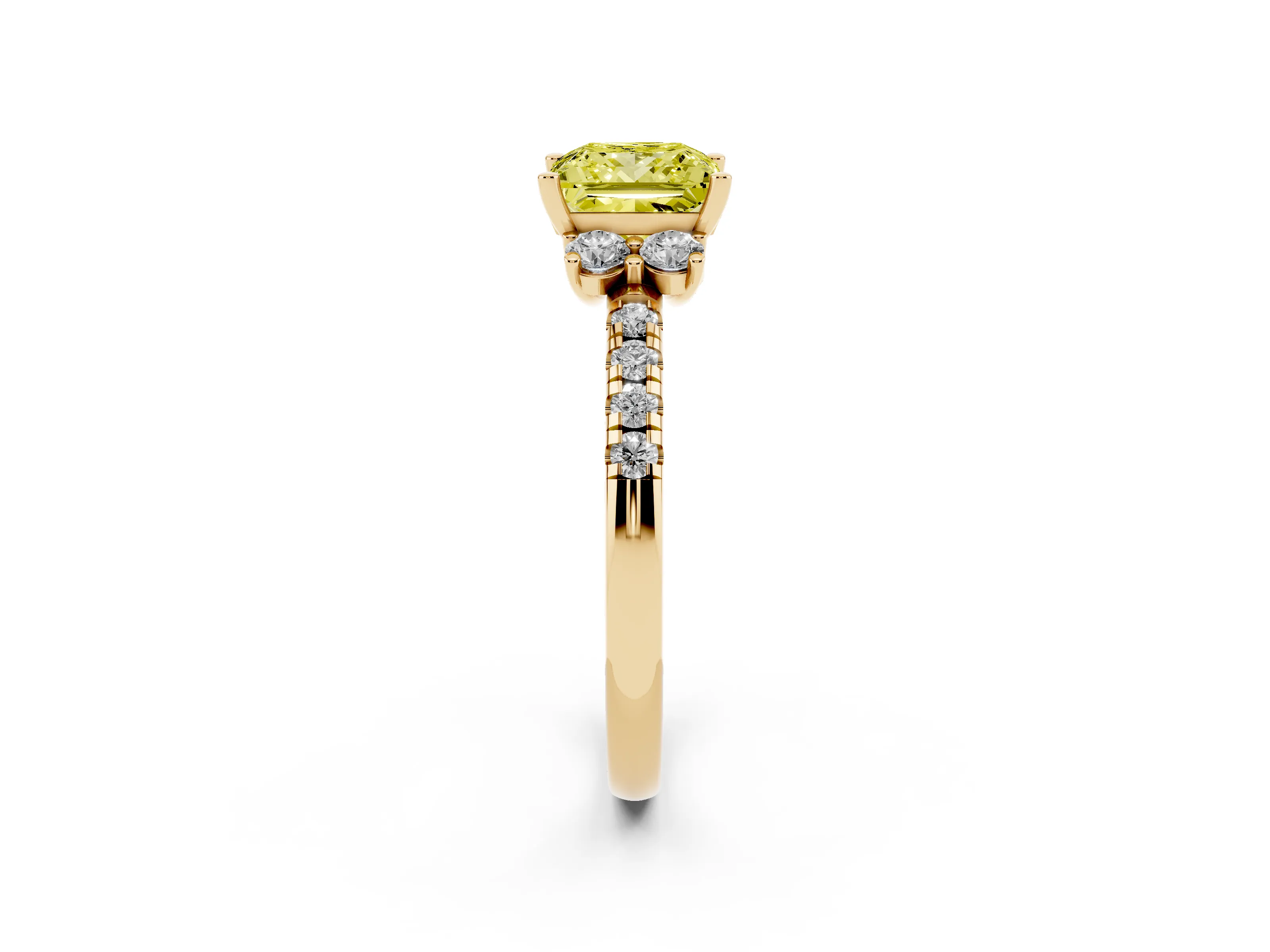 Fancy Yellow Princess Cut Diamond Three-Stone Pavé Ring Set in Yellow gold with Prong Setting