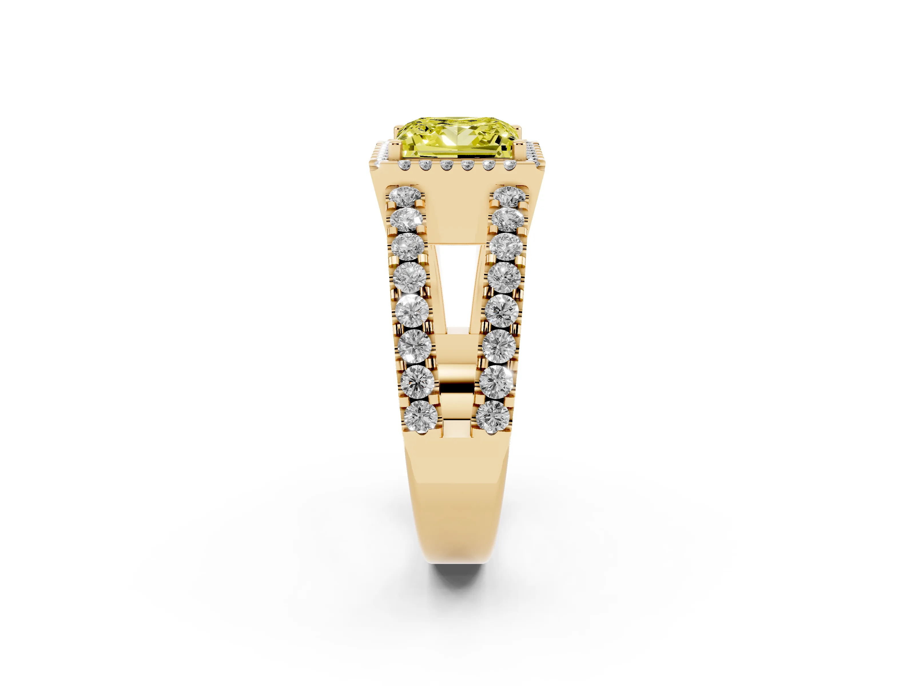 Fancy Yellow Princess Cut Diamond Halo Ring Set in Yellow gold with Pavé Split Shank and Prong Setting