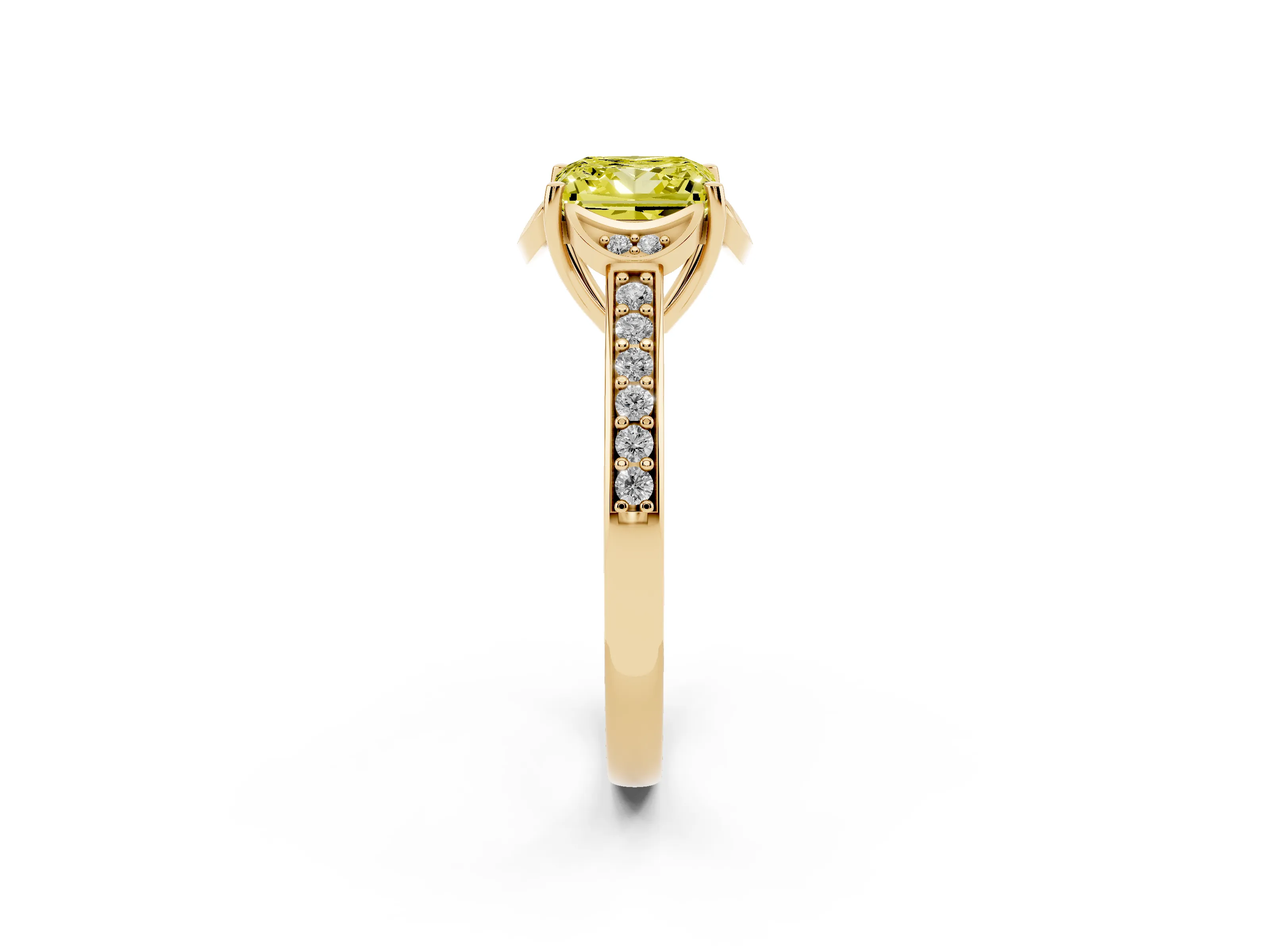 Fancy Yellow Princess Cut Diamond Halo Ring Set in Yellow gold with Channel Set Band and Prong Setting