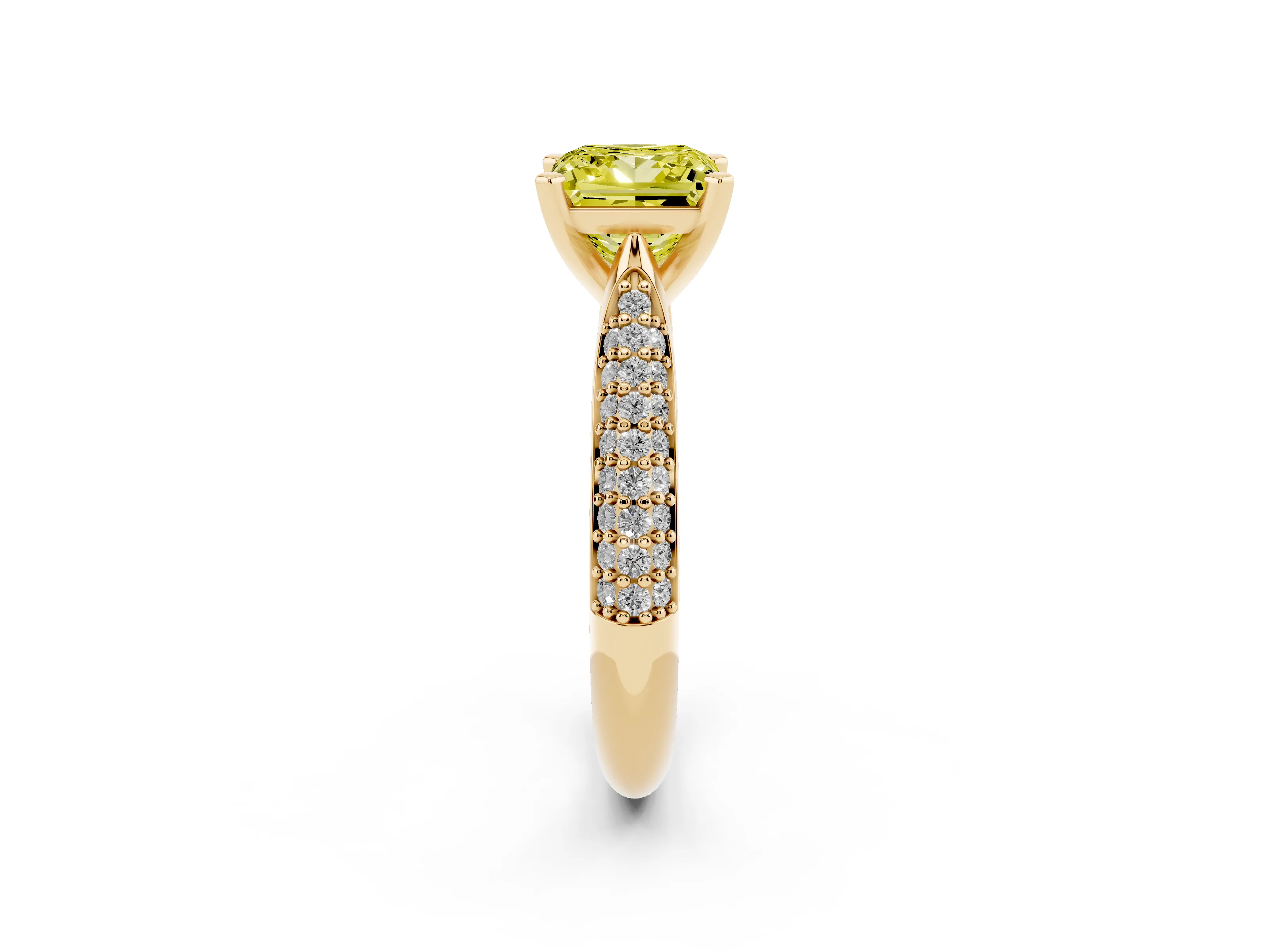 Fancy Yellow Princess Cut Diamond Solitaire Engagement Ring Set in Yellow gold with Multi-Row Round Pavé Band and Prong Setting