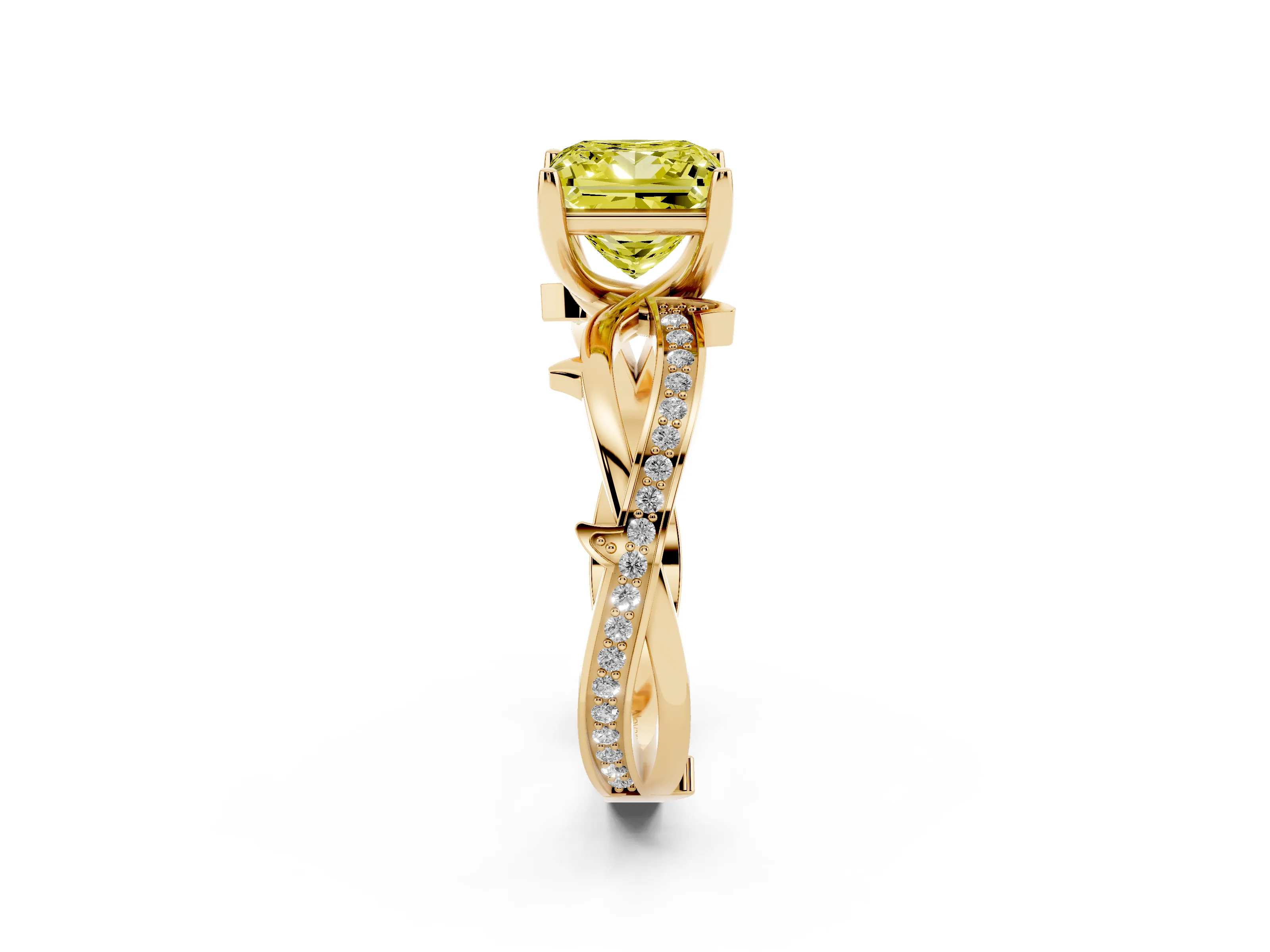 Fancy Yellow Princess Cut Diamond Pavé Twist Band Solitaire Ring Set in Yellow gold with Prong Setting
